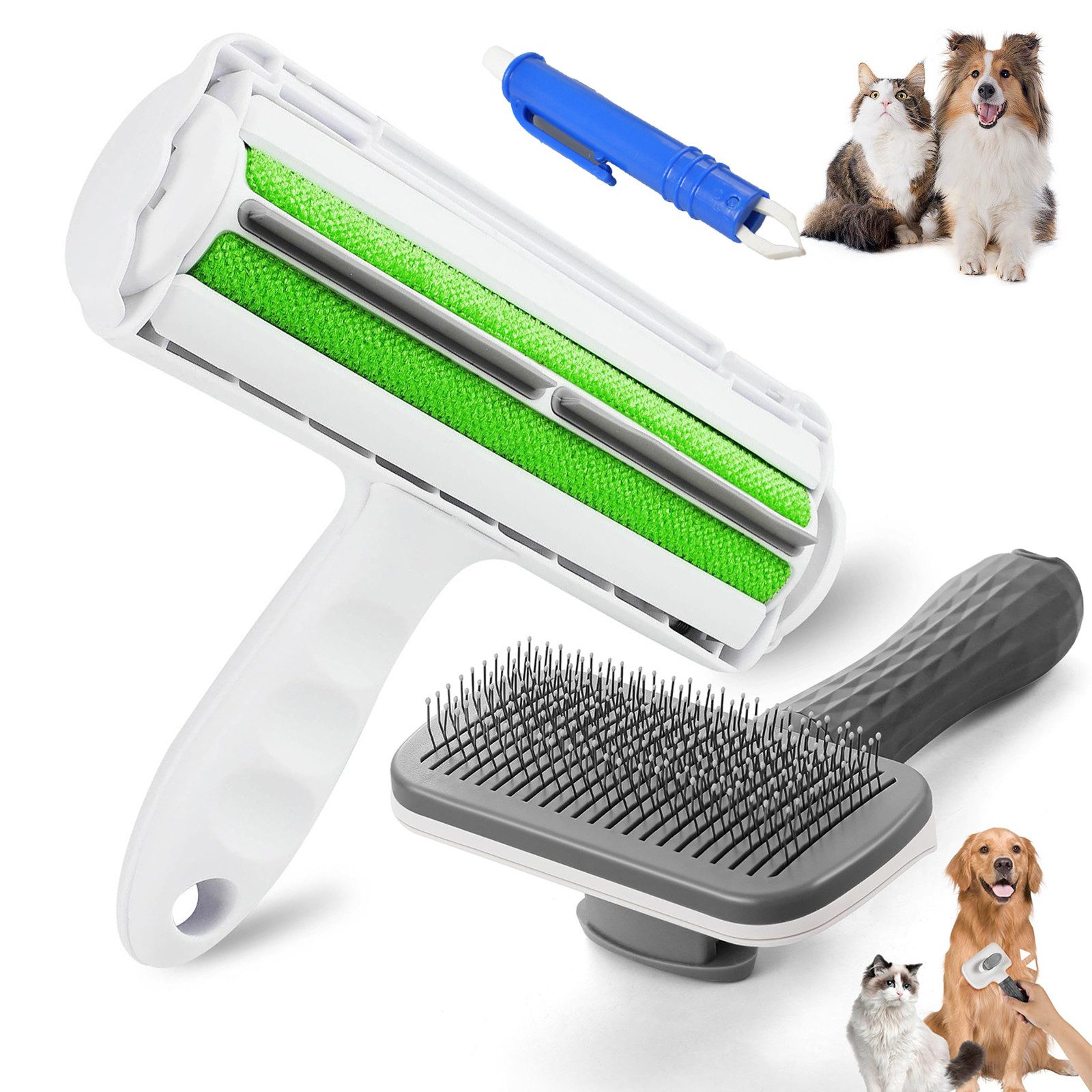 Fellbürste 3er Set Hundebürste / Katzenbürste, XL Fusselrolle und Zeckenzange