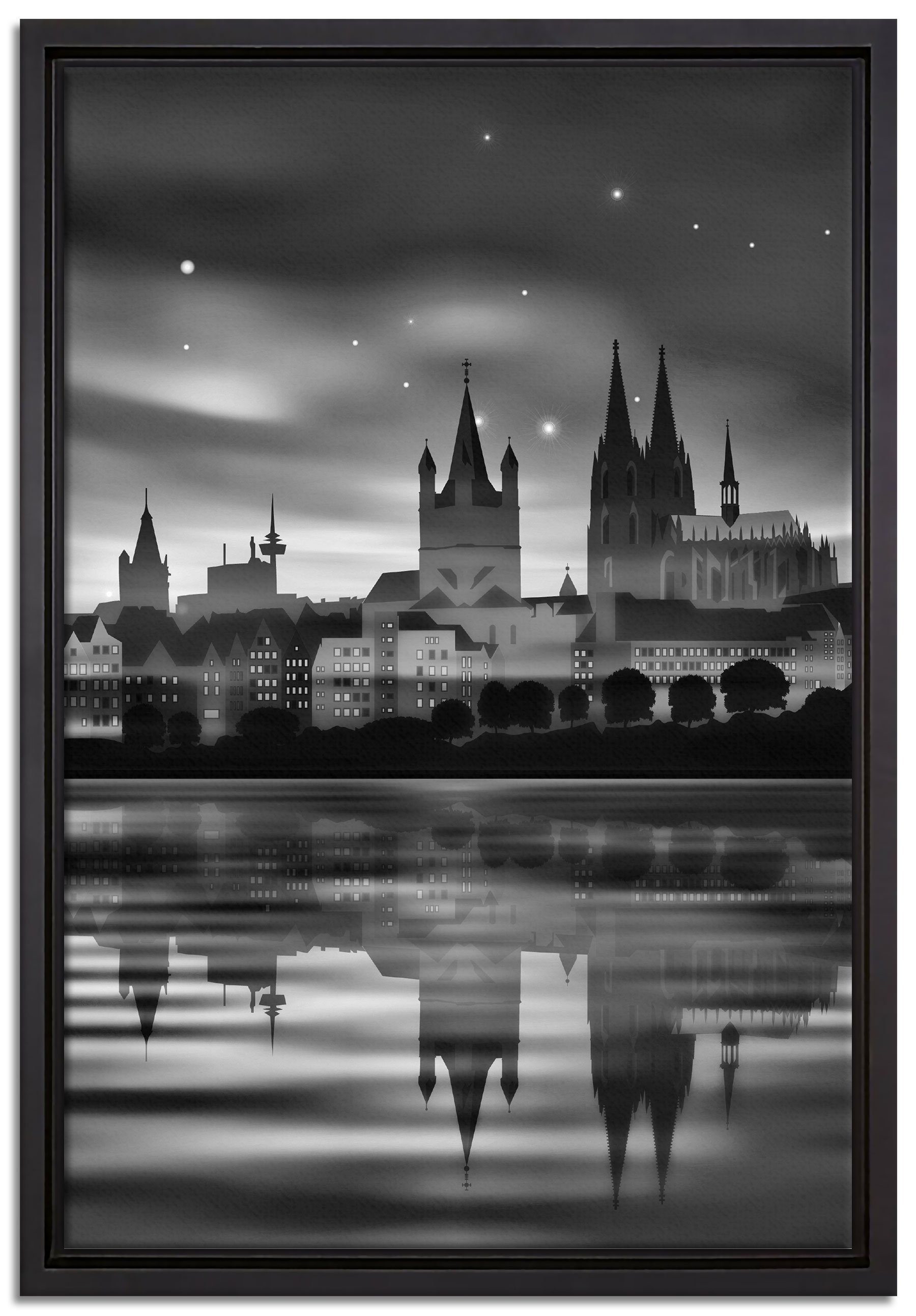 Pixxprint Leinwandbild Polarlichter Skyline Köln, Wanddekoration (1 St), Leinwandbild fertig bespannt, in einem Schattenfugen-Bilderrahmen gefasst, inkl. Zackenaufhänger