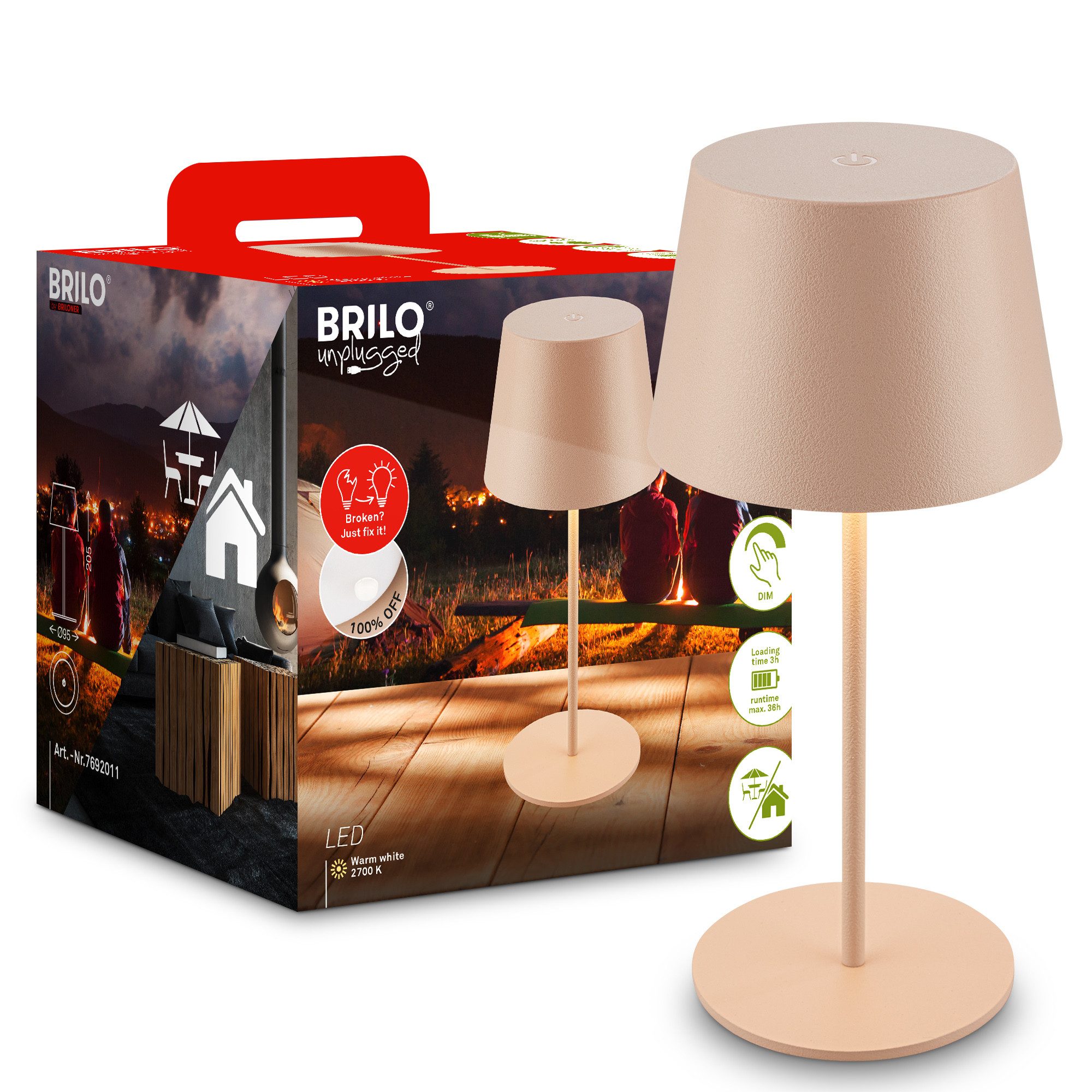Briloner Leuchten Tischleuchte LED Tischlampe kabellos akku dimmbar In-/Outdoor Wohnzimmer, Einzelpack, LED fest integriert, 3.000K - Warmweiß, mit Akku, In-/Outdoor, USB-C, warmweiß, IP44, weiß, 35 cm