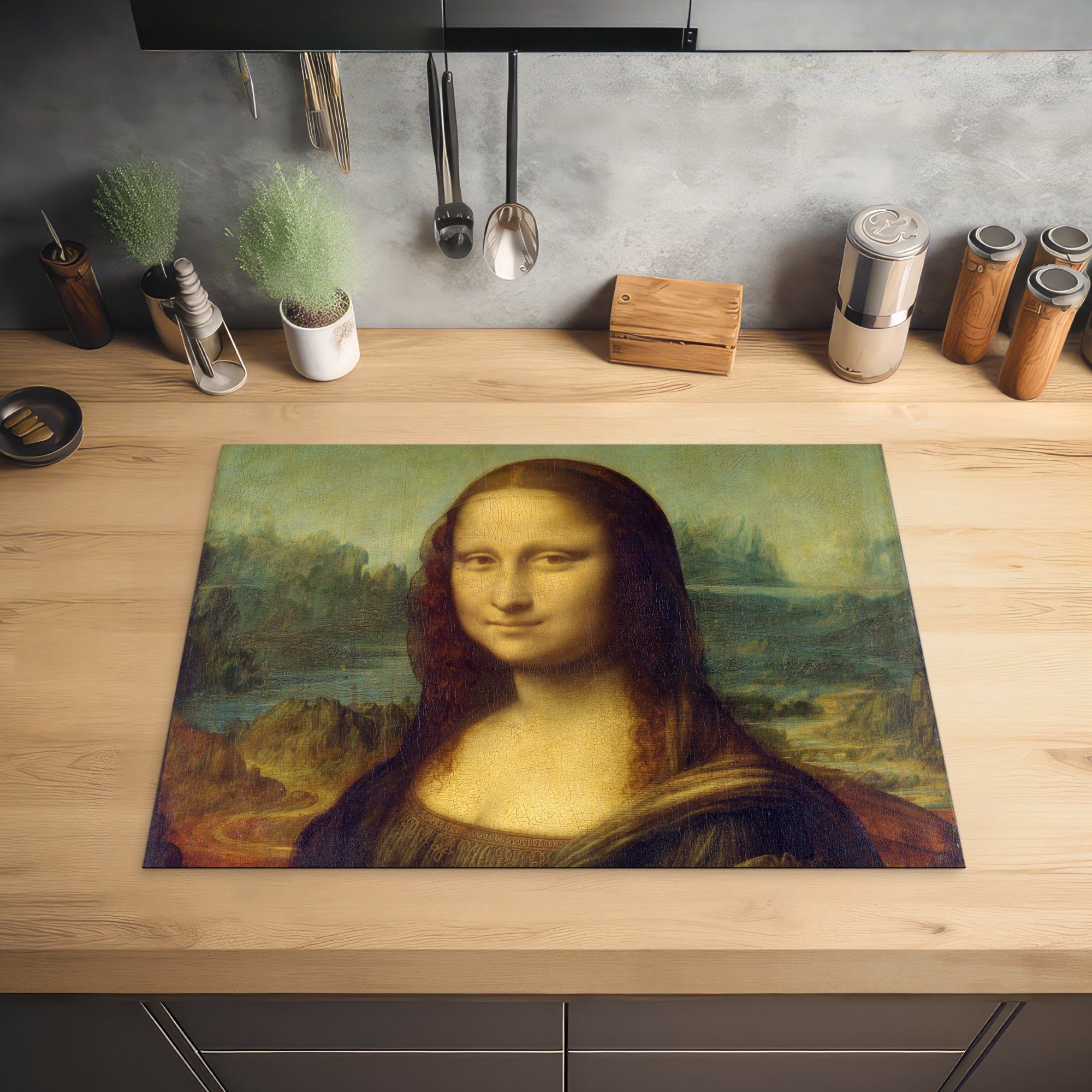 (1 tlg), Herdblende-/Abdeckplatte da Mona Lisa nutzbar, - Arbeitsfläche Ceranfeldabdeckung Vinyl, 70x52 Vinci, cm, Leonardo MuchoWow Mobile