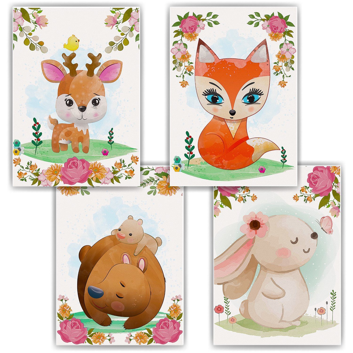 Tigerlino Poster Niedliche Waldtiere 4er Set Kinderzimmer Wandbilder Reh Fuchs Bär Hase