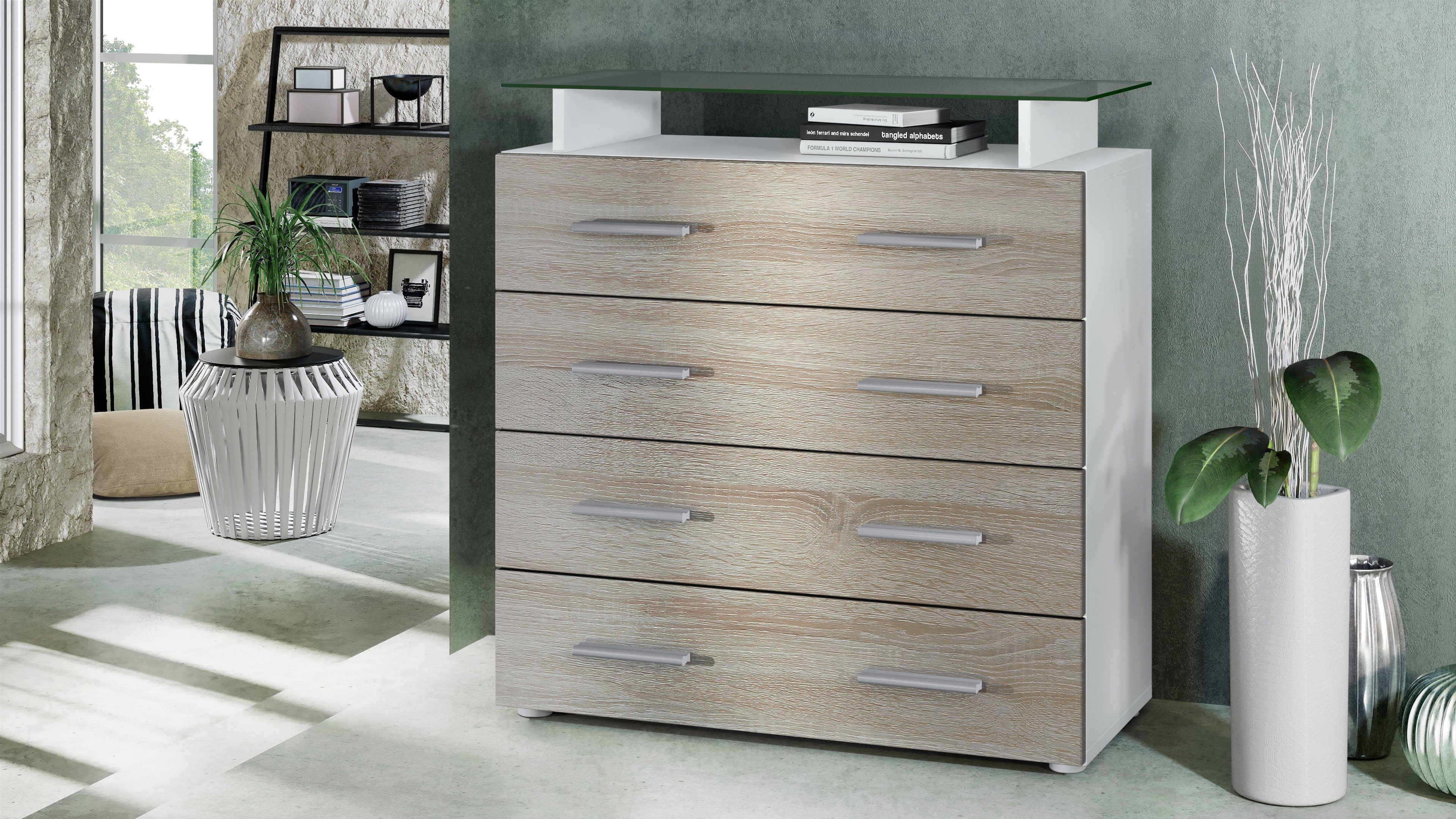 Vladon Kommode Pavos V2 (Kommode, mit 4 Schubladen und Glasablage), Weiß matt/Eiche sägerau (76 x 81 x 35 cm)