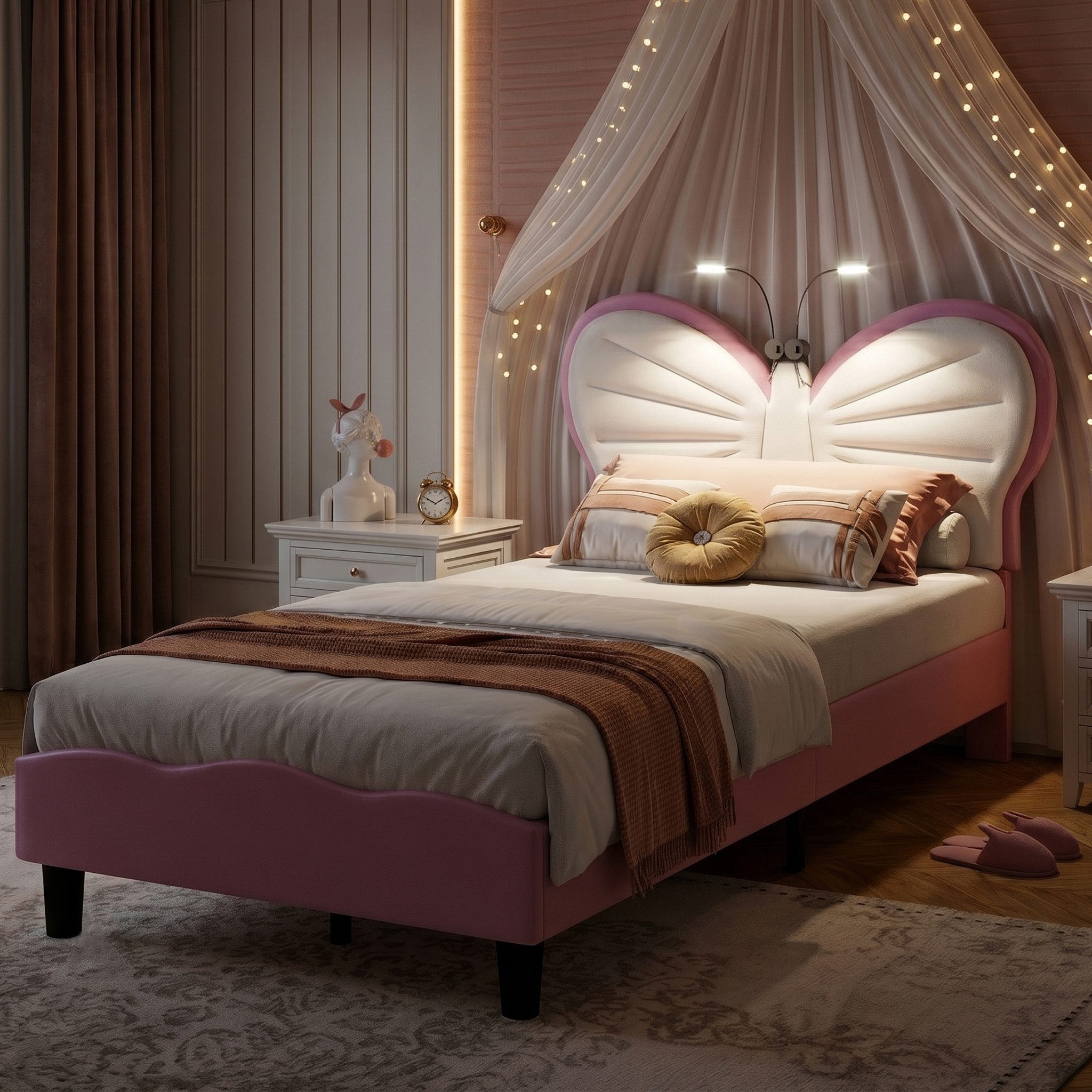 zebery Kinderbett Polsterbett Mit LED-Leseleuchte,Die Höhe des Kopfteils ist verstellbar (Packung, 1-tlg), 90x200 cm,Mit Kopfteil und Bettgestell,Samtstoff,Rosa