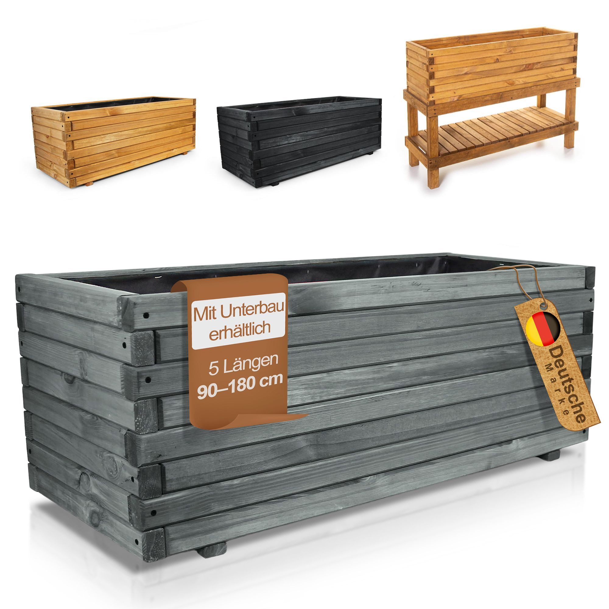 BooGardi Pflanzkübel Pflanzkasten Holz mit Vlies (Hochbeet 90cm anthrazit), 5 Größen Blumenkasten Kräuterbeet Balkon Terrasse