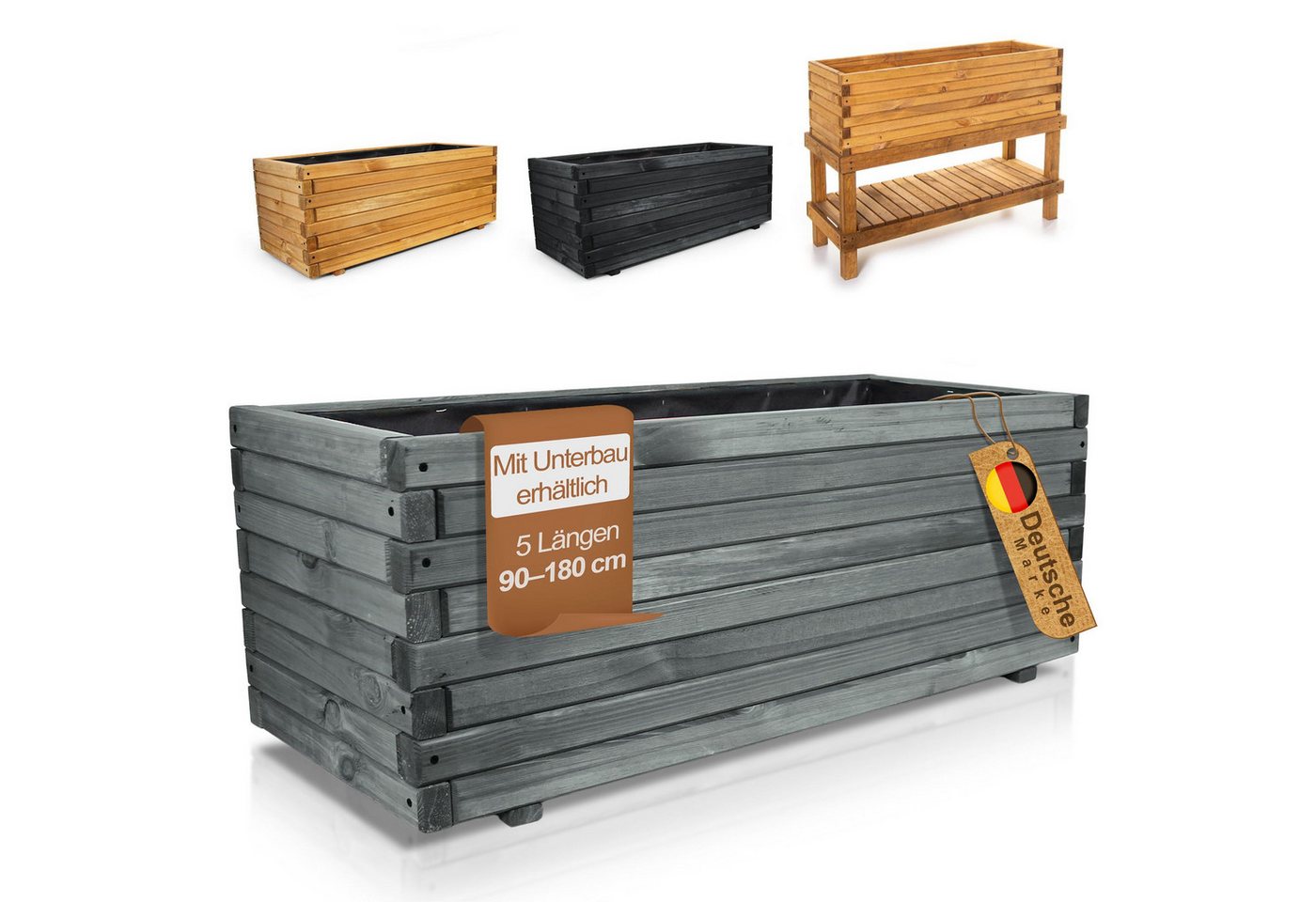 BooGardi Pflanzkübel groß außen & innen mit Vlies · Blumenkasten XXL (Pflanzkasten rechteckig · 90 cm lang anthrazit), 10 Größen · Hochbeet · Holz · für Garten, Balkon & Terrasse