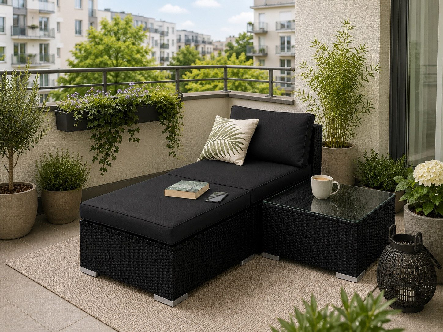 MeXo Gartenlounge-Set modulares Poly-Rattan Lounge-Set, (Lounge-Sitzmodul mit Fußhocker & Beistelltisch, 10 cm Polster, Balkonmöbel wetterfest, UV-beständig), kleines Gartenmöbel-Set für Balkon & Terrasse