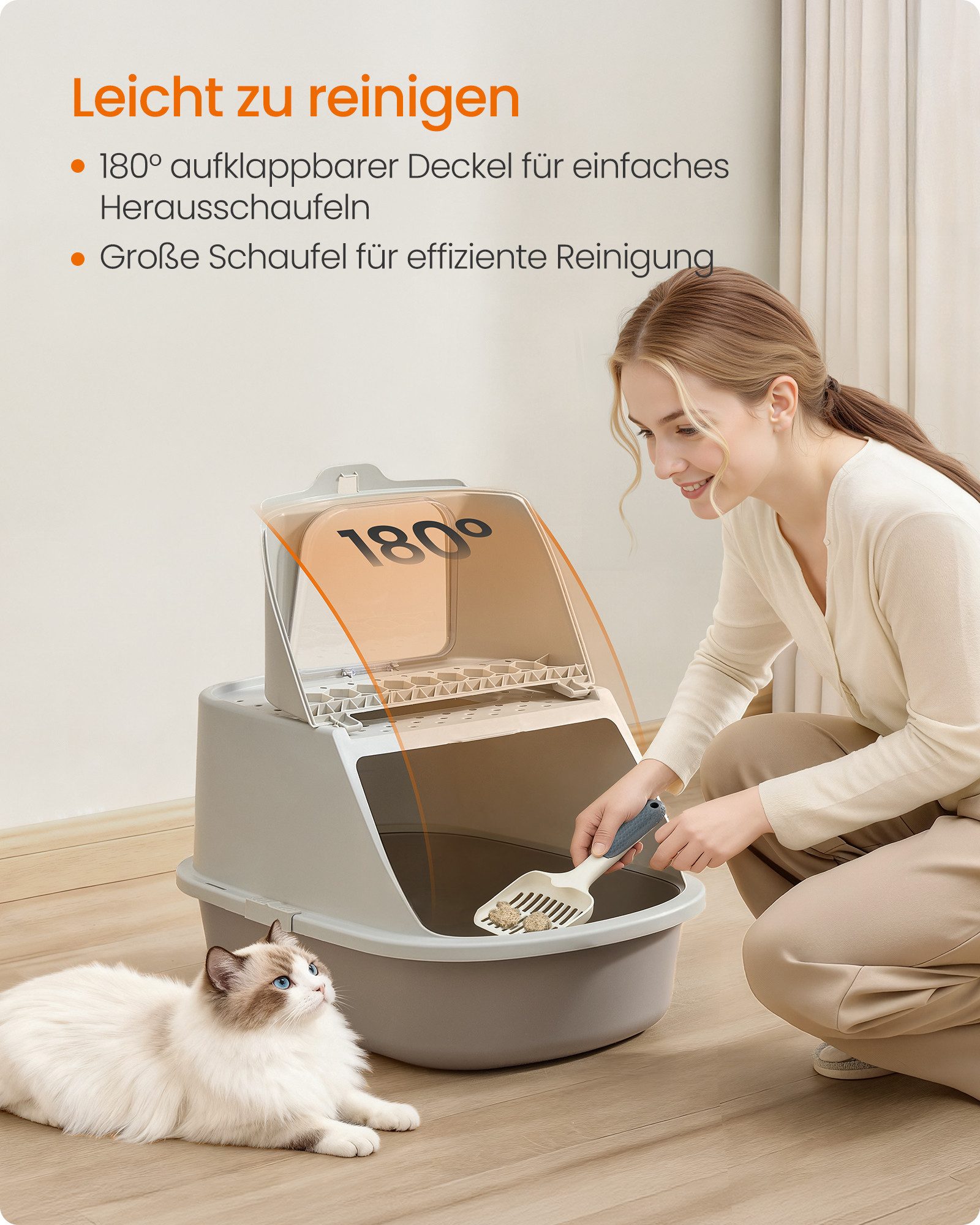 FEANDREA Katzentoilette Katzenklo groß XXL, für Katzen bis 15 kg, Katzentoilette mit Deckel, mit Schaufel und Bürste