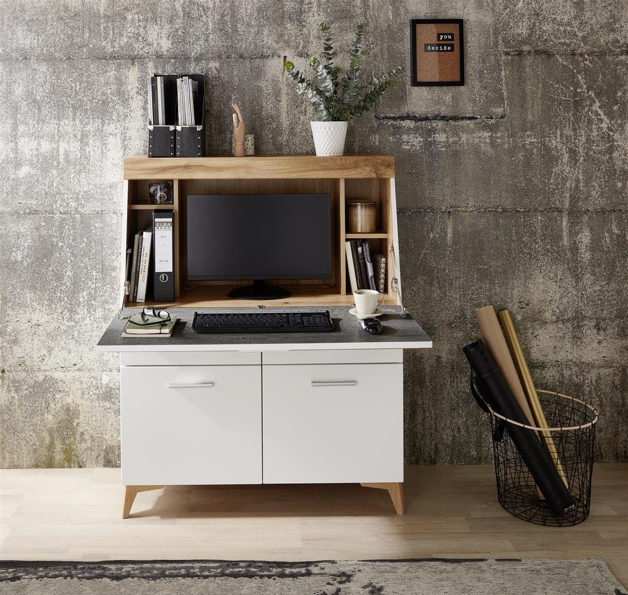 freiraum Sekretär Secret (mit 1 Klappe, 2 Schubkästen und 2 Holztüren), Sekretär in weiß, Absetzung in Eiche Altholz Nachbildung