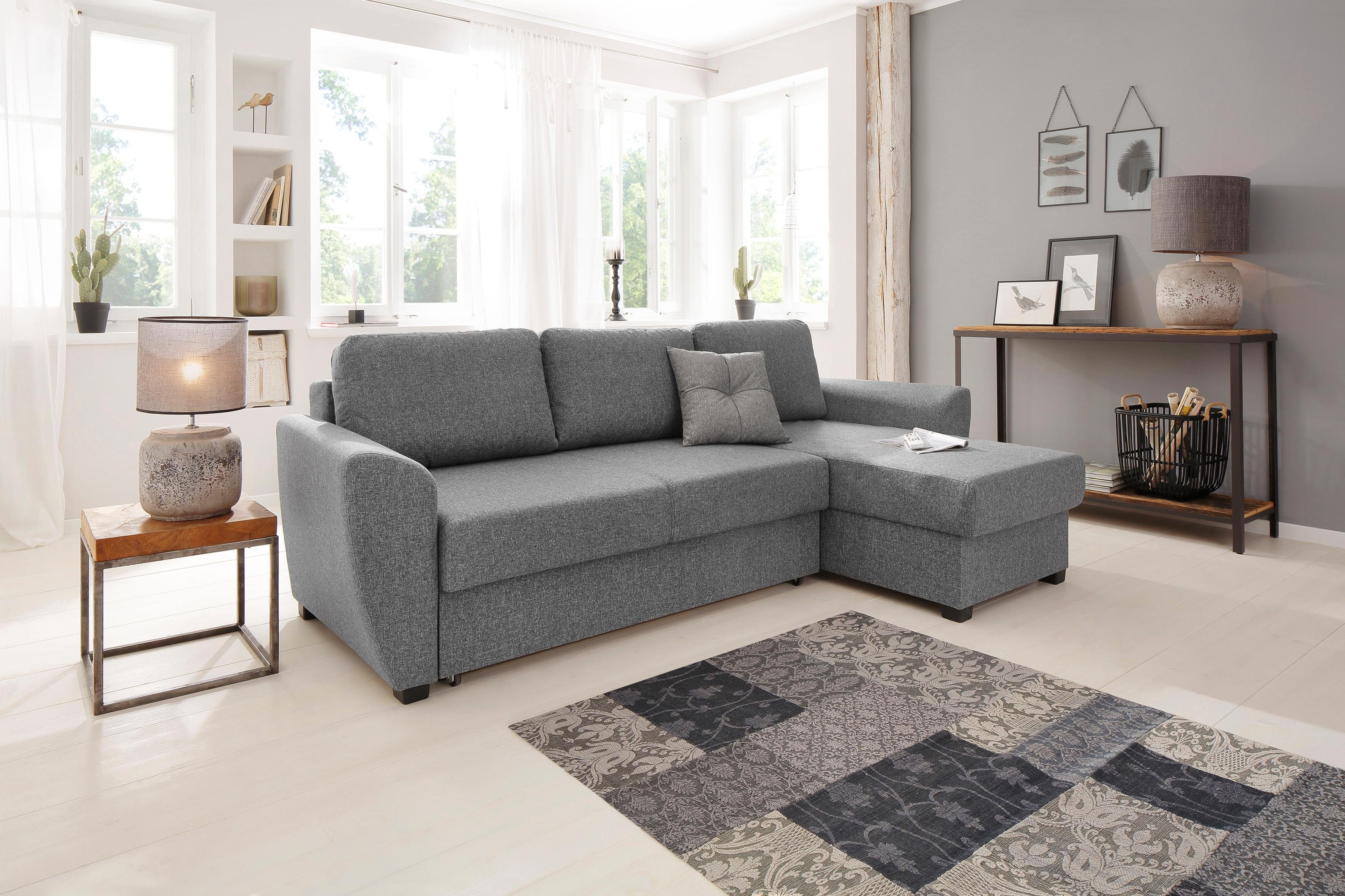 Home affaire Ecksofa Quin, Federkern Bettkasten Bettfunktion, Zierkissen, mit dunkelgrau und mit