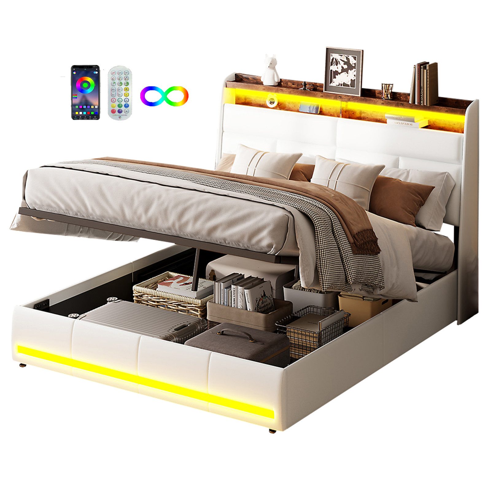 FUROKOY Polsterbett Stauraumbett(1-tlg),LED-Beleuchtung Hydraulisches Kunst günstig online kaufen
