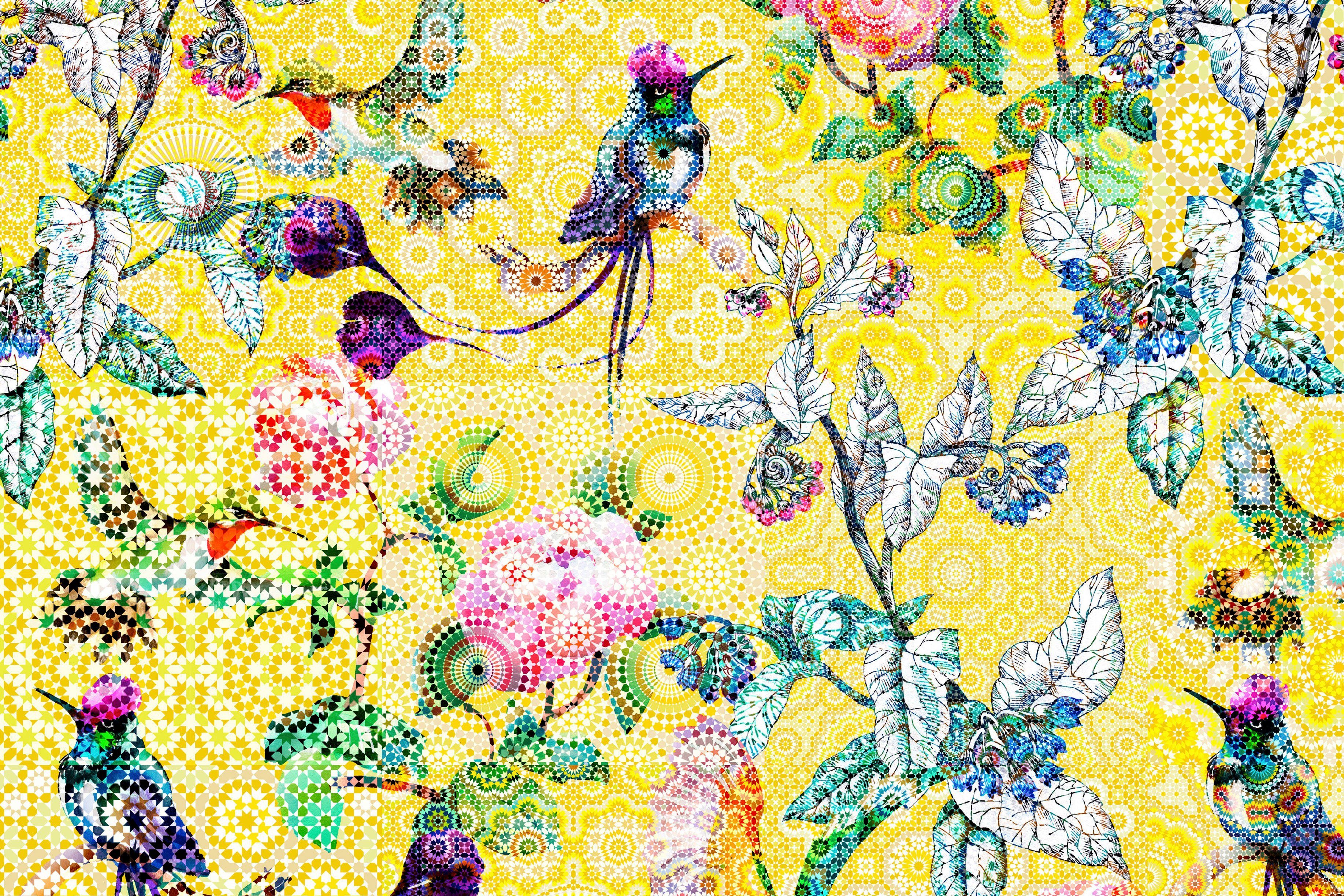 Keilrahmen exotic St), A.S. Leinwandbild Floral Mosaik Bild grün, Création Vögel mosaic, Blumen (1 blau Vögel gelb,