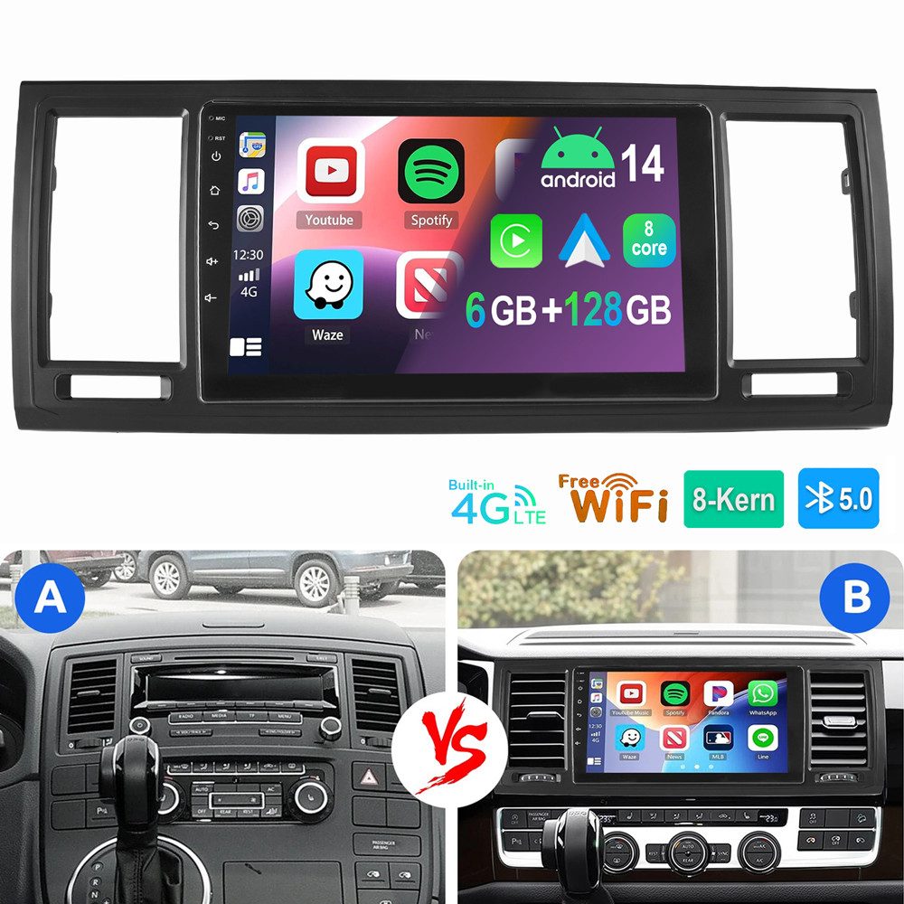 ESSGOO Für VW T6 Transporter Multivan 2016-2019 6+128GB 8-kern Autoradio (RDS, Digitalradio (DAB), FM, AM, Apple Carplay Android Auto Navi WIFI 4G LTE)