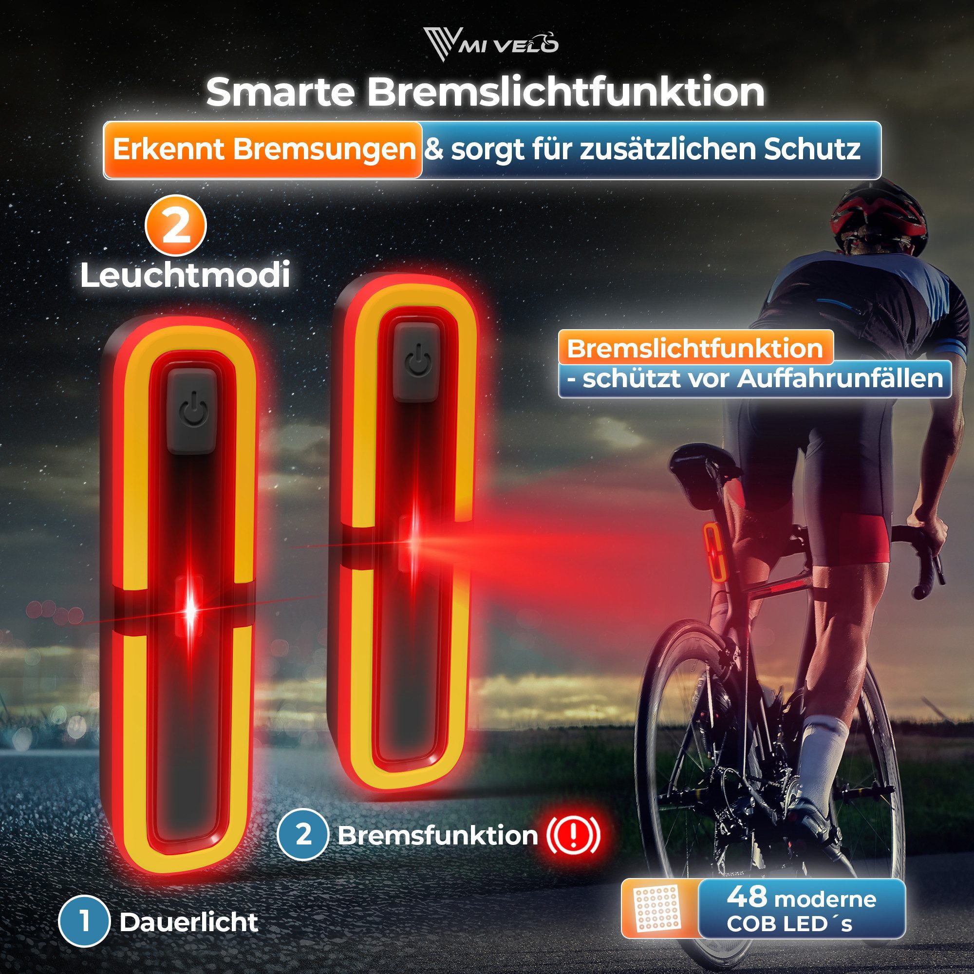 MIVELO Fahrradbeleuchtung COB Pro Fahrradlicht LED Set mit Bremsfunktion Akku USB aufladbar, StVZO zugelassen
