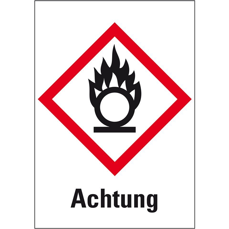 Hinweisschild Gefahrensymbol Flamme über Kreis GHS03, Achtung, Folie, 148x210mm