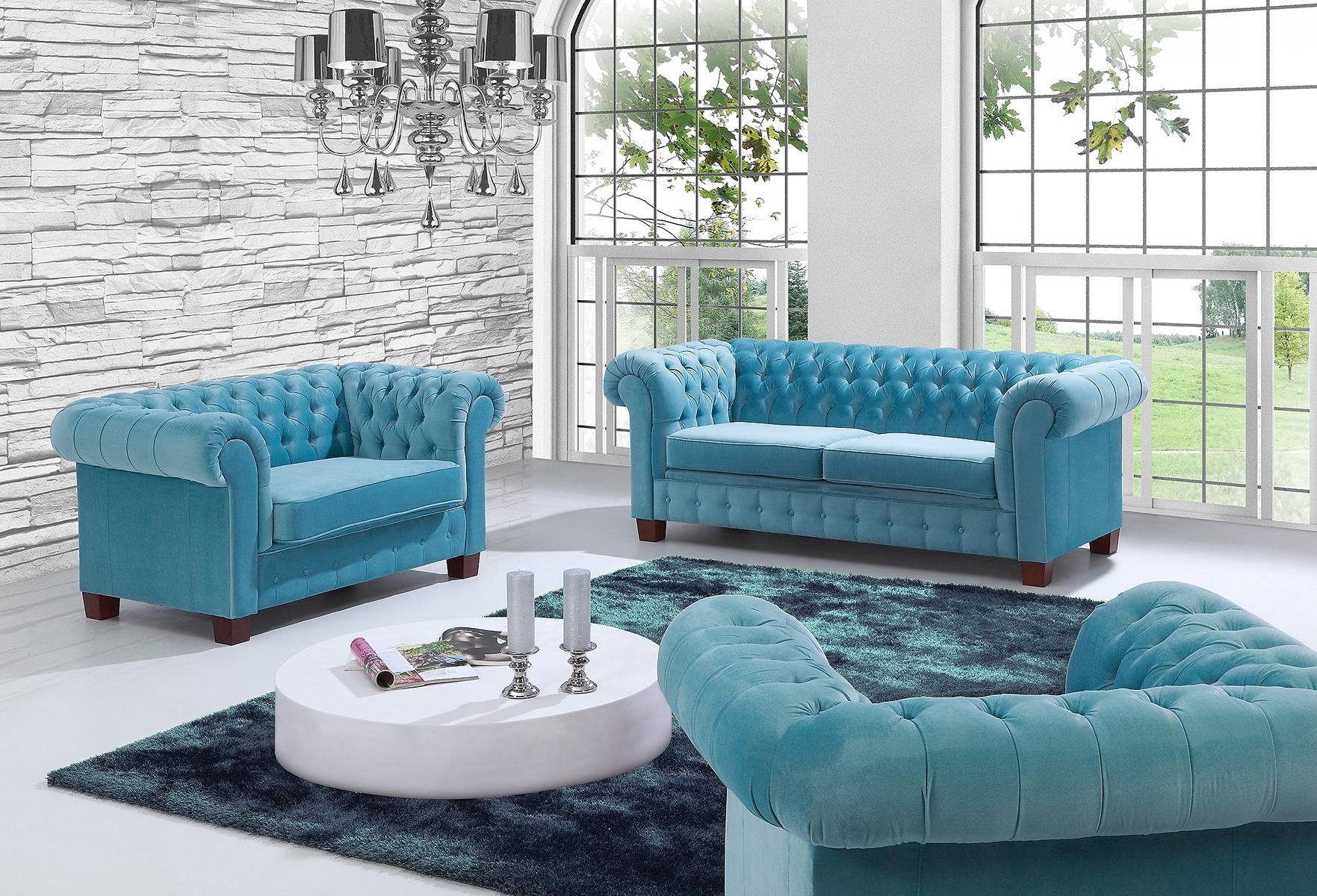 JVmoebel Wohnzimmer-Set, Chesterfield Stoff Design Couch Polster Sitz Garnitur Sofa 3+2+2