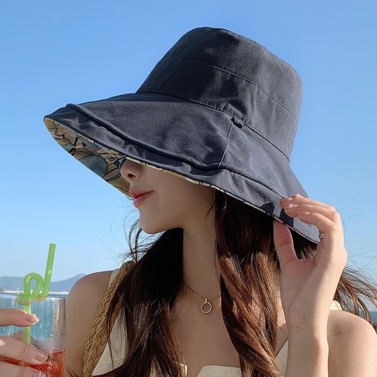 Zaewry Fischerhut Wendbarer Bucket Hat für Damen, UV-Sonnenschutz, Breite Krempe Fischerhut, Sommer-, Strand- & Reisehut