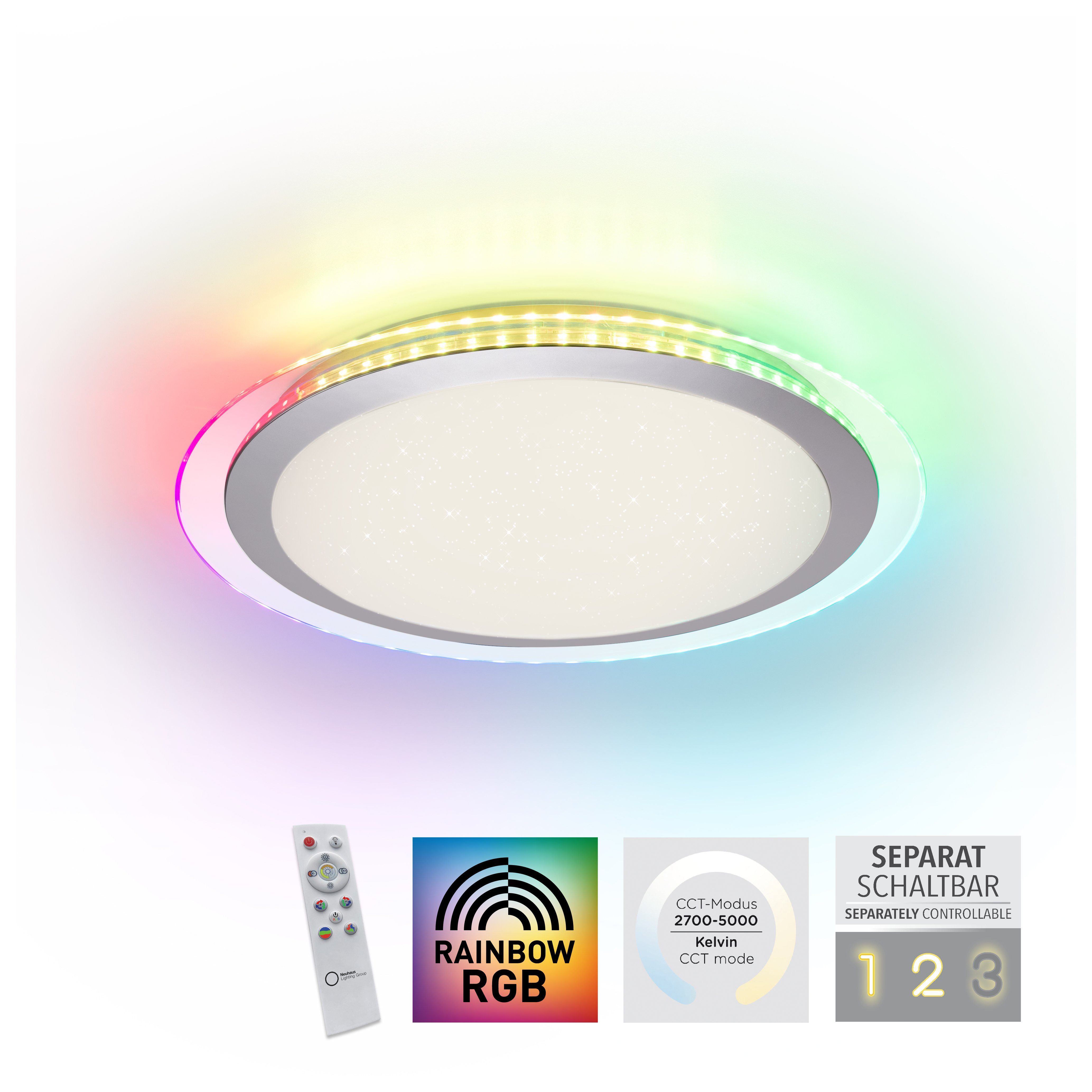 Leuchten Direkt Deckenleuchte CYBA, LED CCT - integriert, - fest warmweiß LED, kaltweiß, dimmbar, über Fernbedienung, inkl. Infrarot RGB-Rainbow