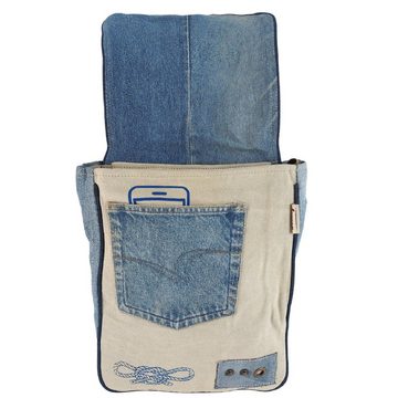 Sunsa Messenger Bag Große Umhängetasche aus recycelte Jeans, Canvas und Leder. Messenger Bag A4 geeignet mit Maritim Aufdruck., Retro Maritim Still