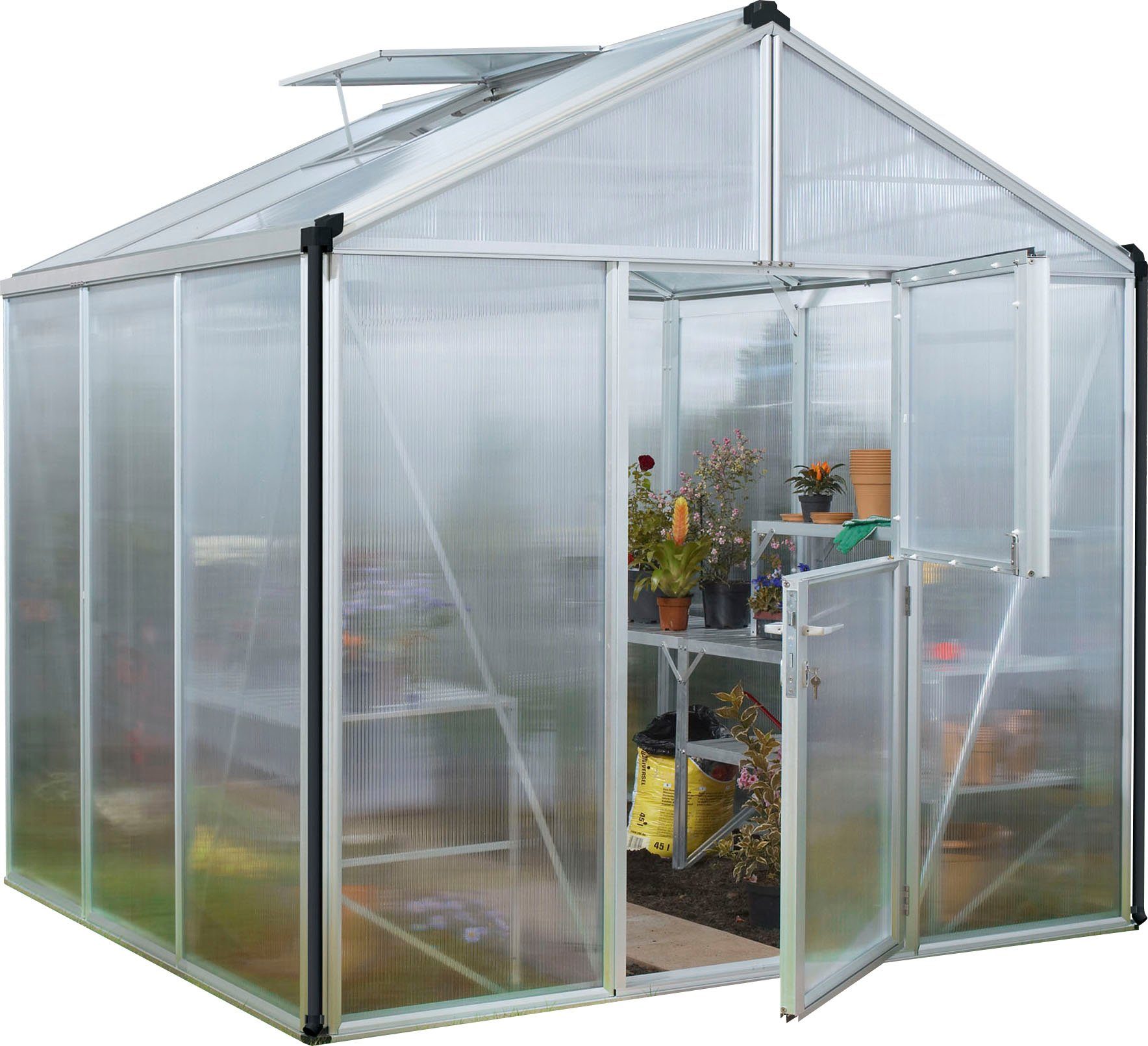 Vitavia Gewächshaus Zeus 6200, BxTxH: 258,4 x 242 x 250,4 cm, 16 mm Wandstärke, besonders stabile Alu-Profile, 16 mm Hohlkammerplatten silberfarben