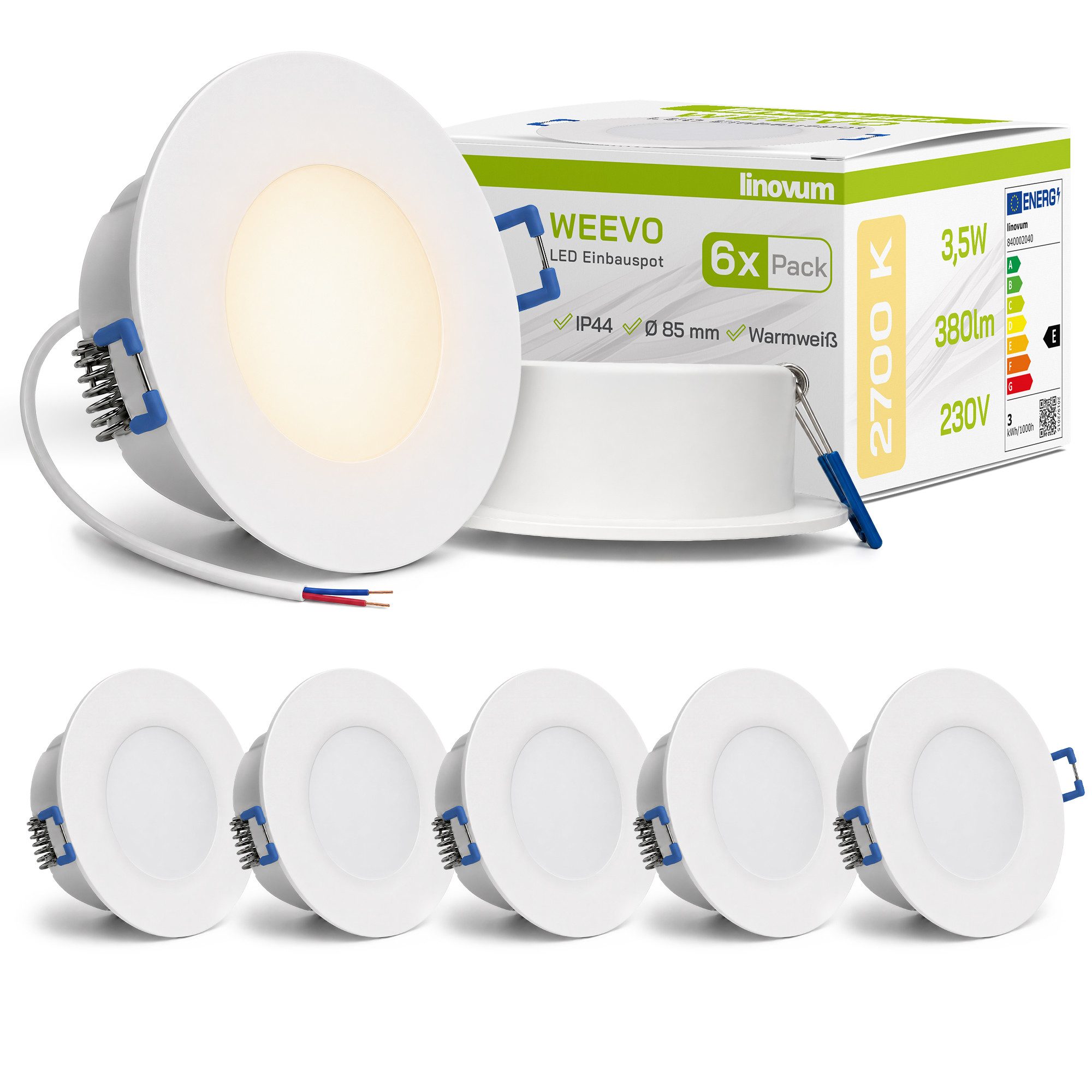 linovum LED Einbaustrahler 6x WEEVO LED Einbauleuchten Downlights warmweiß 3,5W Deckenlampe Spot, Warmweiß