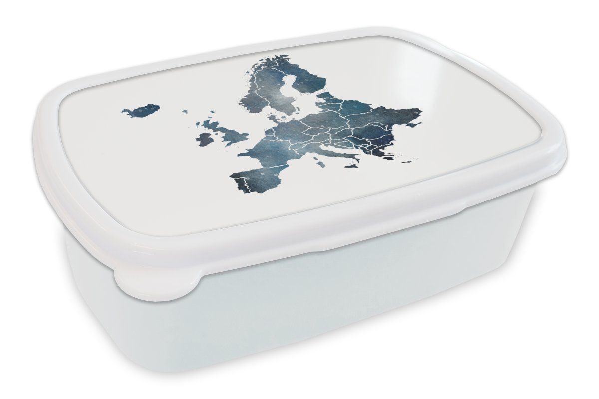 MuchoWow Lunchbox Karte von Europa - Blau - Aquarell, Kunststoff, (2-tlg), Brotbox für Kinder und Erwachsene, Brotdose, für Jungs und Mädchen weiß