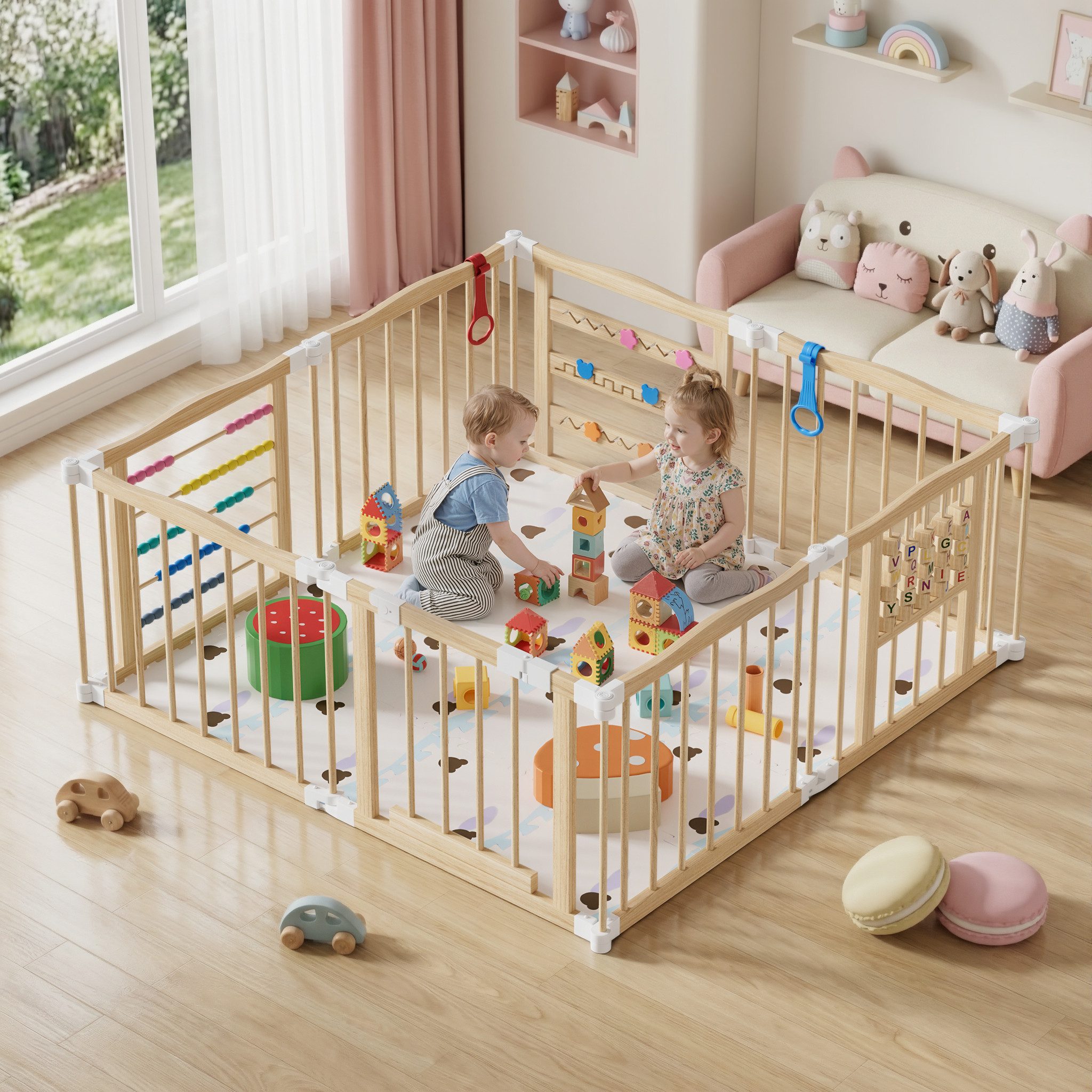 TWSOUL Laufgitter Baby Faltbar Holz Mit Tür, Sicherheitsverschluss & Spielzeugboard, Verstellbare Multi-Shape & Größe, Faltbar Krabbelgitter, 8 Paneele