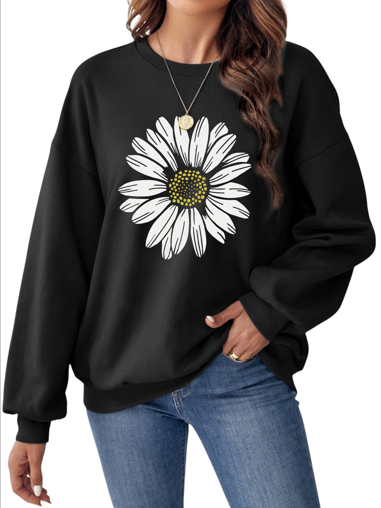 PYLIKE Sweatshirt Fleecepullover Damen,Sweatshirt mit Gänseblümchen Print Bequem für Herbst & Winter
