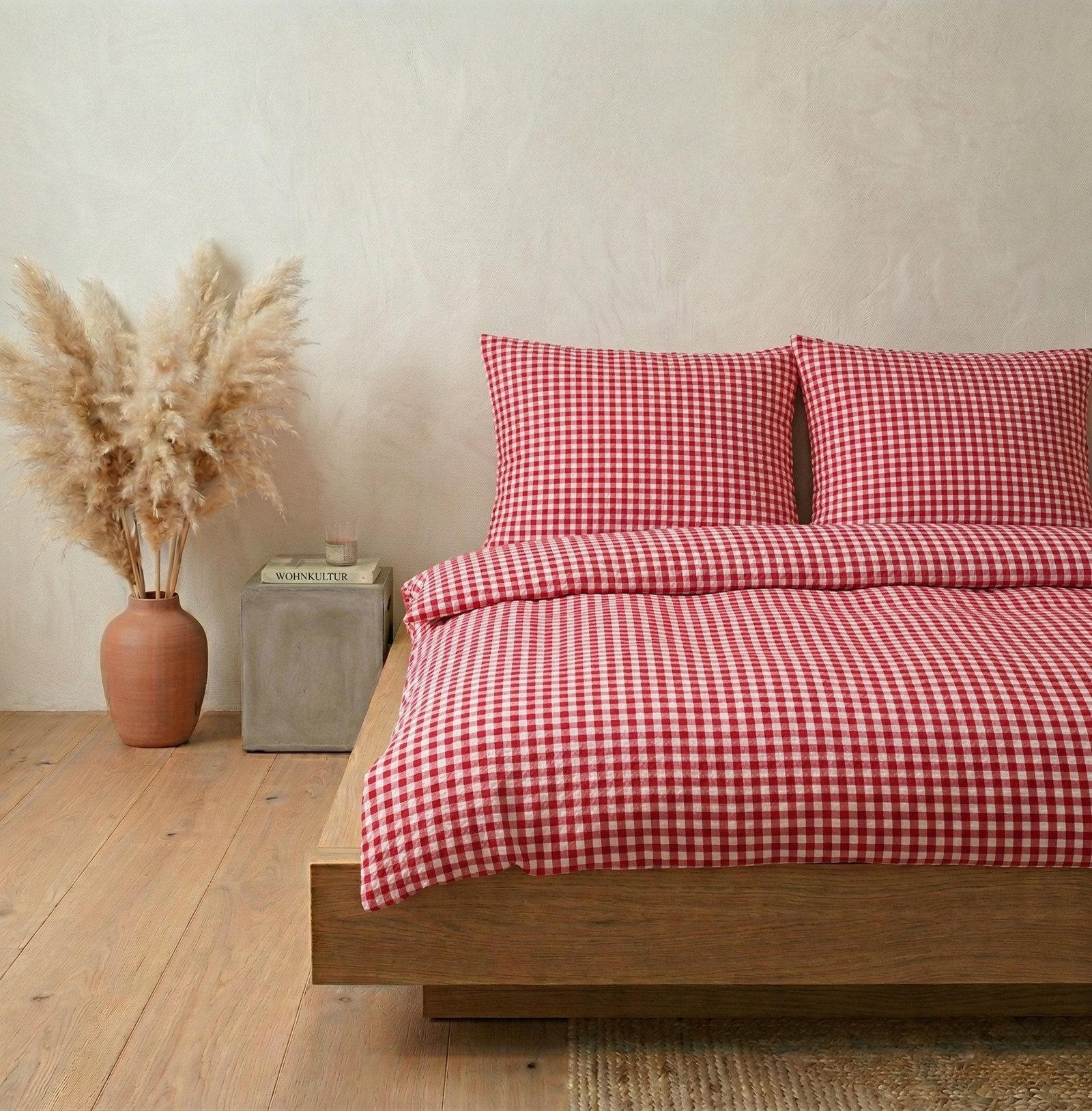 Carpe Sonno Bettwäsche Seersucker 135 x 200 155 x 220 Kariert Sommer Bügelfrei 100% Baumwolle, Seersucker, 2 teilig, Kühlender Bettbezug mit Reißverschluss & OEKO-TEX Rot Weiß 135x200