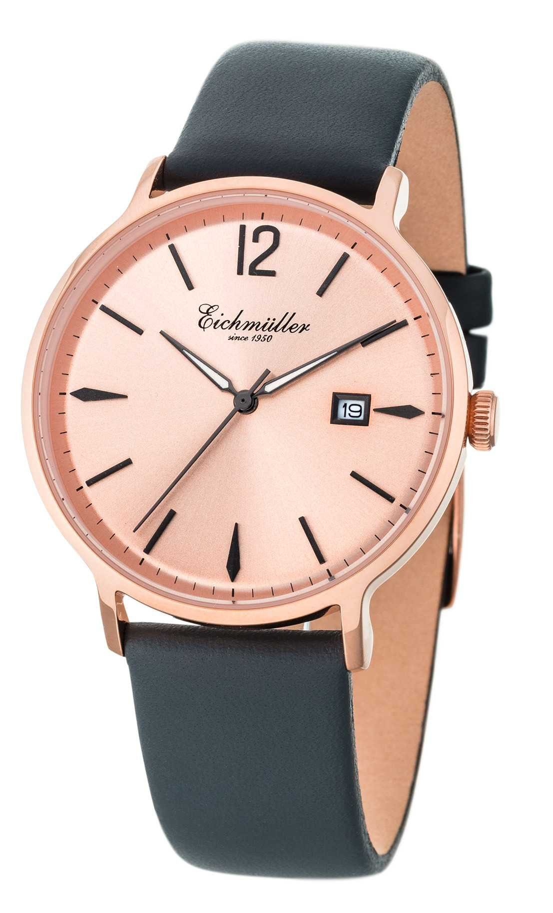 Eichmüller Quarzuhr Herrenuhr 3031-05 Rose Lederband Dunkelgrau 40 mm