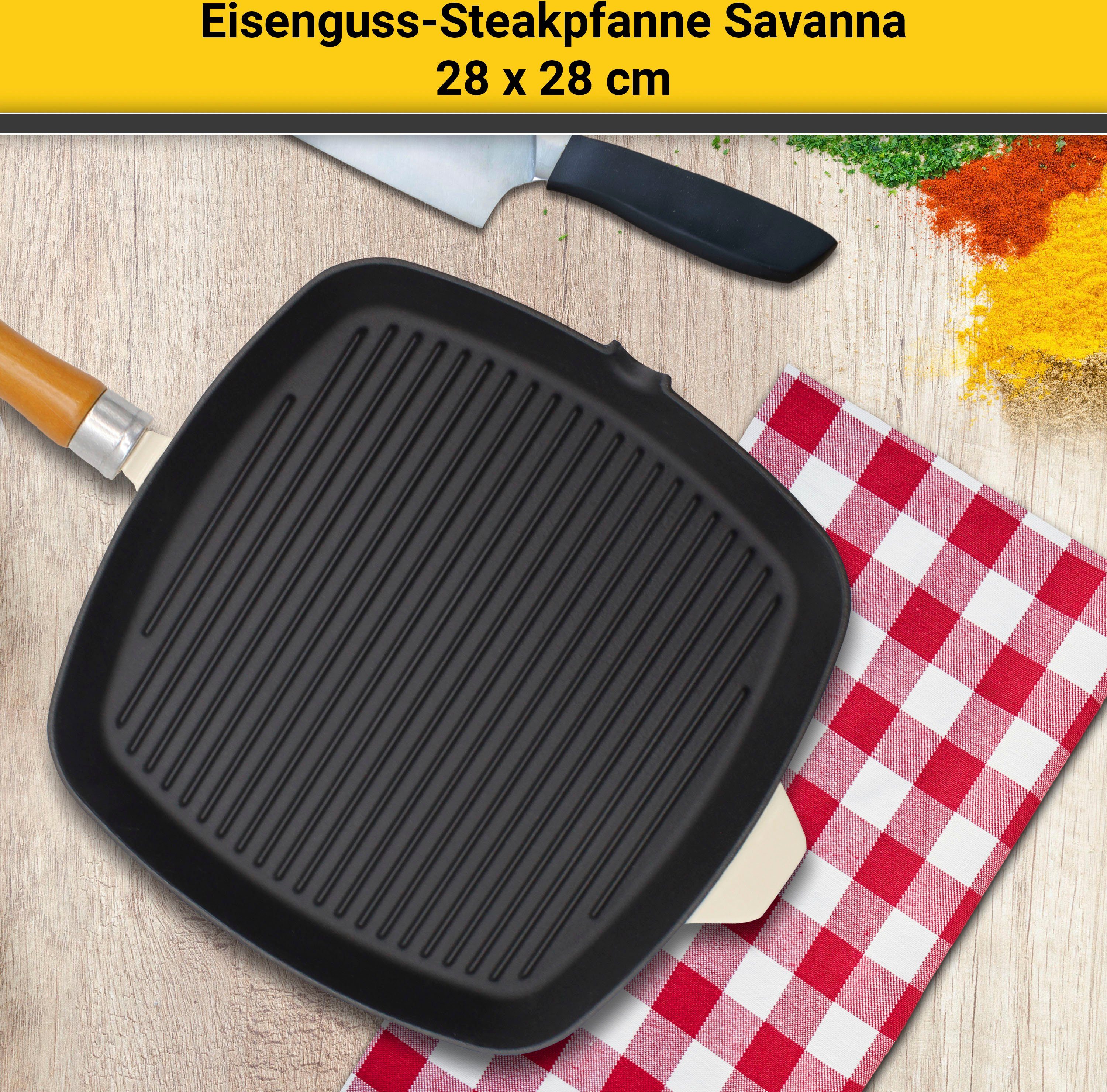 Krüger Steakpfanne Einsenguss Grill-/ Steakpfanne SAVANNA, 28 x 28cm, Gusseisen (1-tlg), für Induktions-Kochfelder geeignet