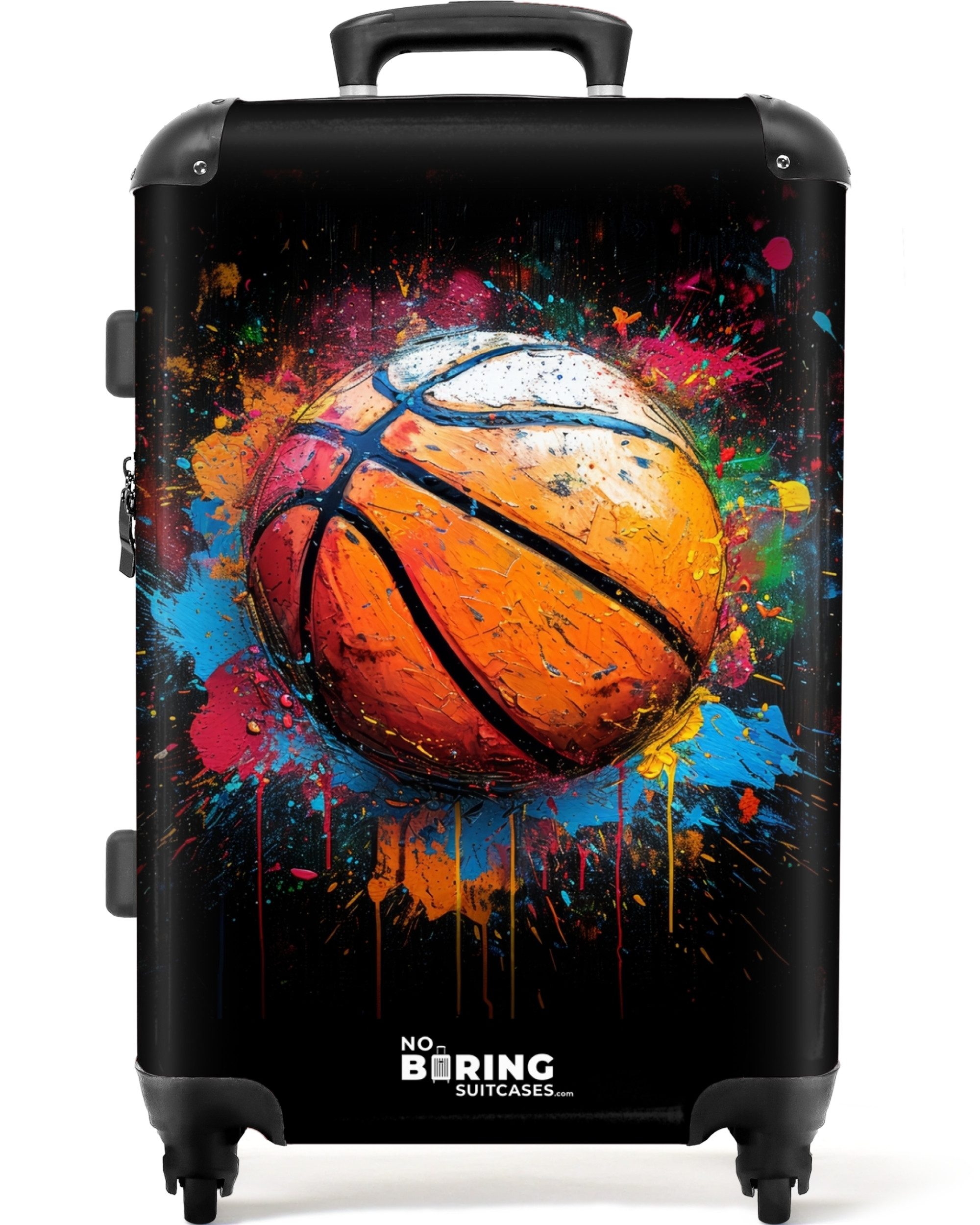 NoBoringSuitcases.com© Kinderkoffer mit leuchtende Räder - Orangefarbener Basketball inmitten von Farbspri, 4 Rollen, Koffer Mittelgroß für 20kg, Suitcase für Erwachsene, Reisekoffer
