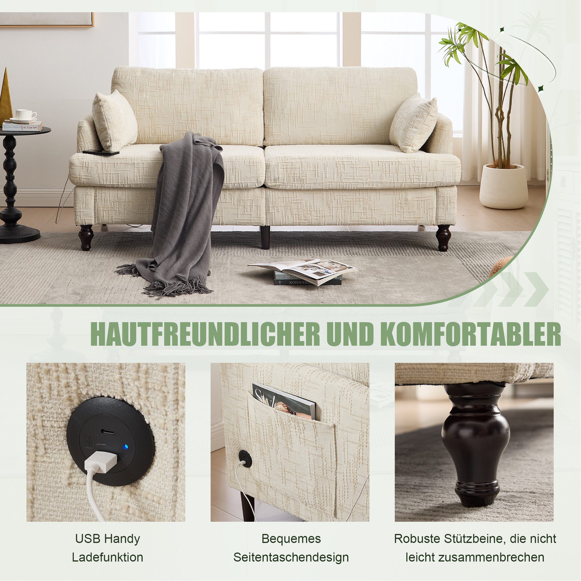 STILVORA Sofa 2-sitziges Sofa mit LED&USB,Modernes Sofa Doppelsofa mit Stautasche, 2-Sitzer Chenille-Wohnzimmersofa mit USB-Anschluss & LED, moderne Couch mit Stauraum, für Wohnzimmer, Schlafzimmer & Büro