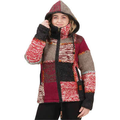 KUNST UND MAGIE Kapuzenstrickjacke Strickjacke Wolle Bunte Patchworkjacke Fleecefutter abnehmbarer Kapuze