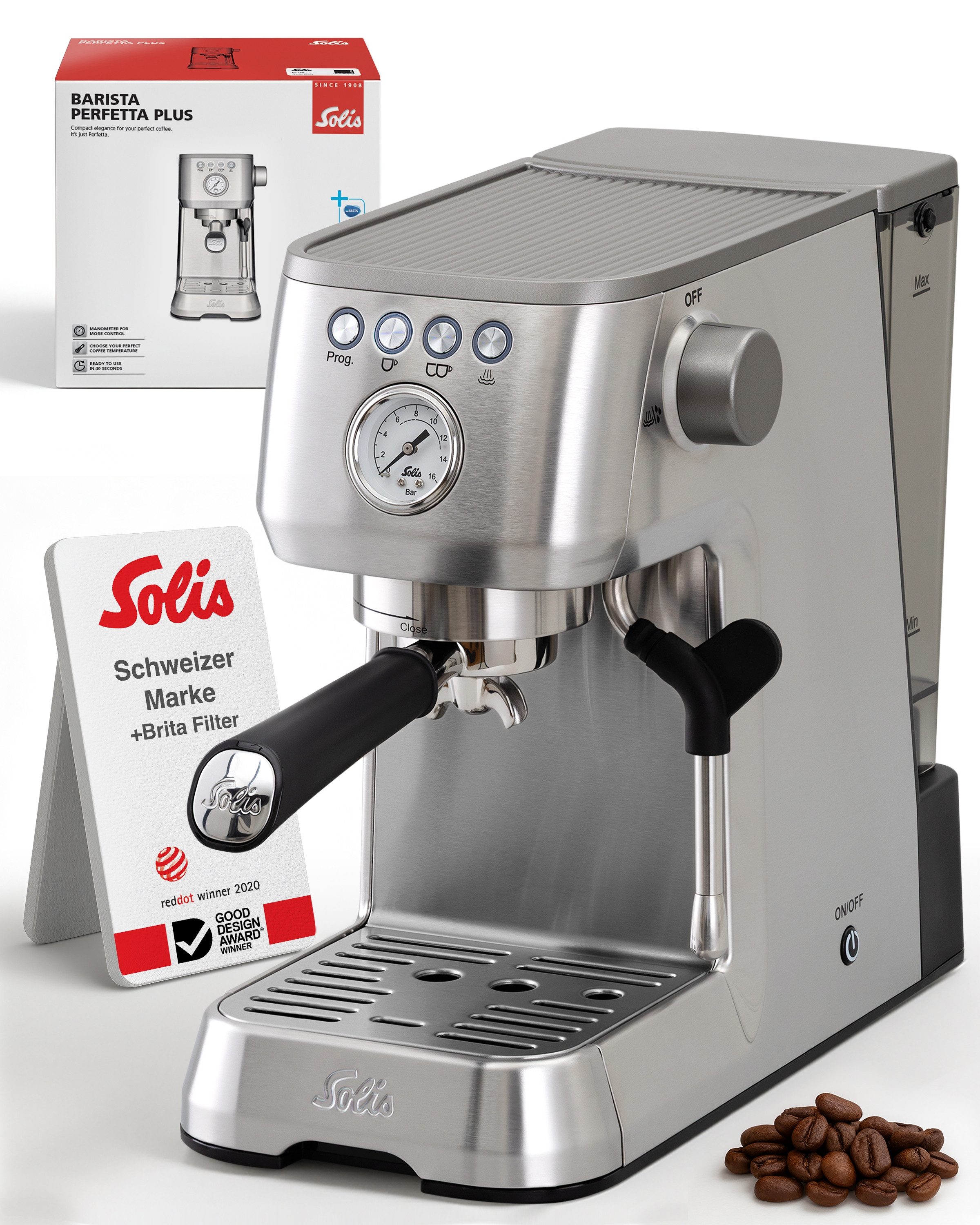 SOLIS OF SWITZERLAND Siebträgermaschine, Siebträger 54 mm, 54 mm Siebhalter, Milchaufschäumer, Bohnen, Pads