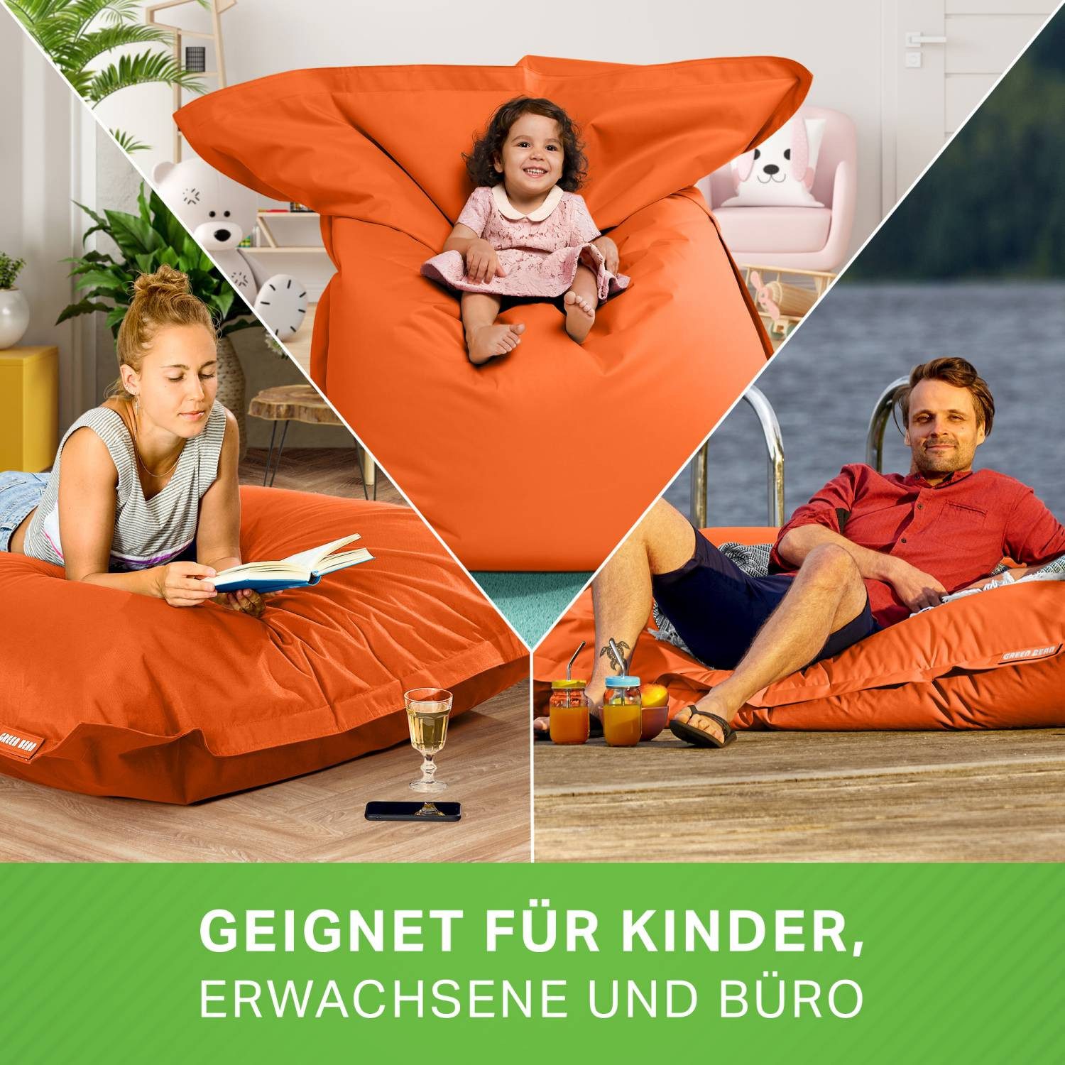 Green Bean Sitzsack XXL Outdoor Sitzsack Square 140x180cm (XXL Riesensitzsack 140x180cm 380 Liter Kinder & Erwachsene Bean Bag EPS Perlen Füllung, Groß Draußen  – Bild 3 von 5