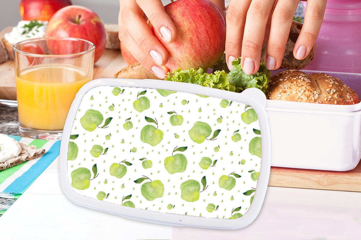 MuchoWow Lunchbox Äpfel Kunststoff, Mädchen für und Muster, Kinder - Grün Brotbox weiß Erwachsene, (2-tlg), Jungs für und - Brotdose
