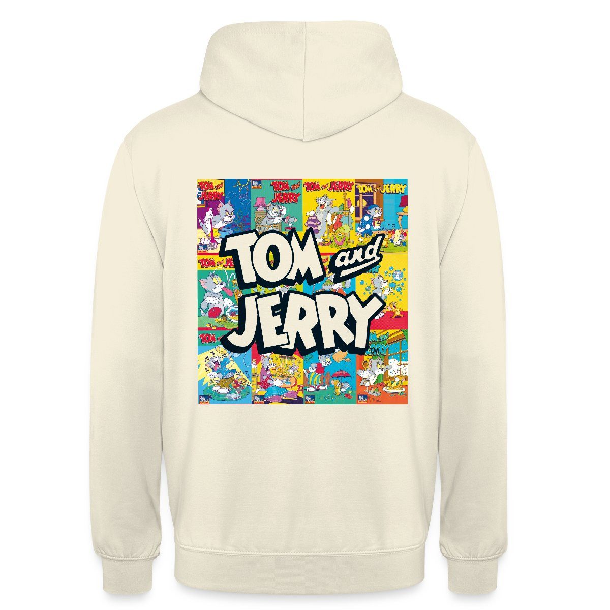 Spreadshirt Hoodie Tom Und Jerry Logo Mit Vintage-Cover Collage Unisex Hoodie (1-tlg) Unisex-Schnitt: Sitzt bei Männern körpernah, bei Frauen weit