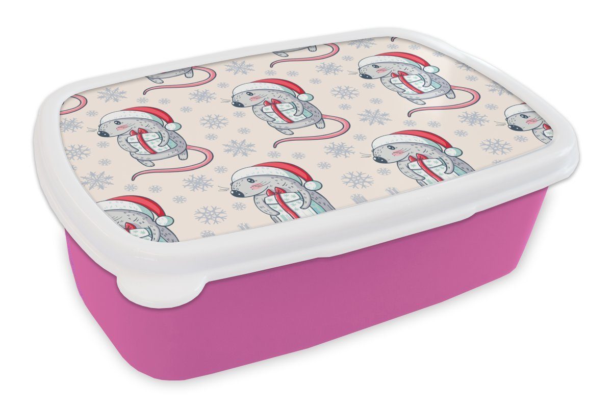 MuchoWow Lunchbox Ratte - Weihnachtsgeschenk - Kinder - Weihnachten - Muster, Kunststoff, (2-tlg), Brotbox für Erwachsene, Brotdose Kinder, Snackbox, Mädchen, Kunststoff rosa