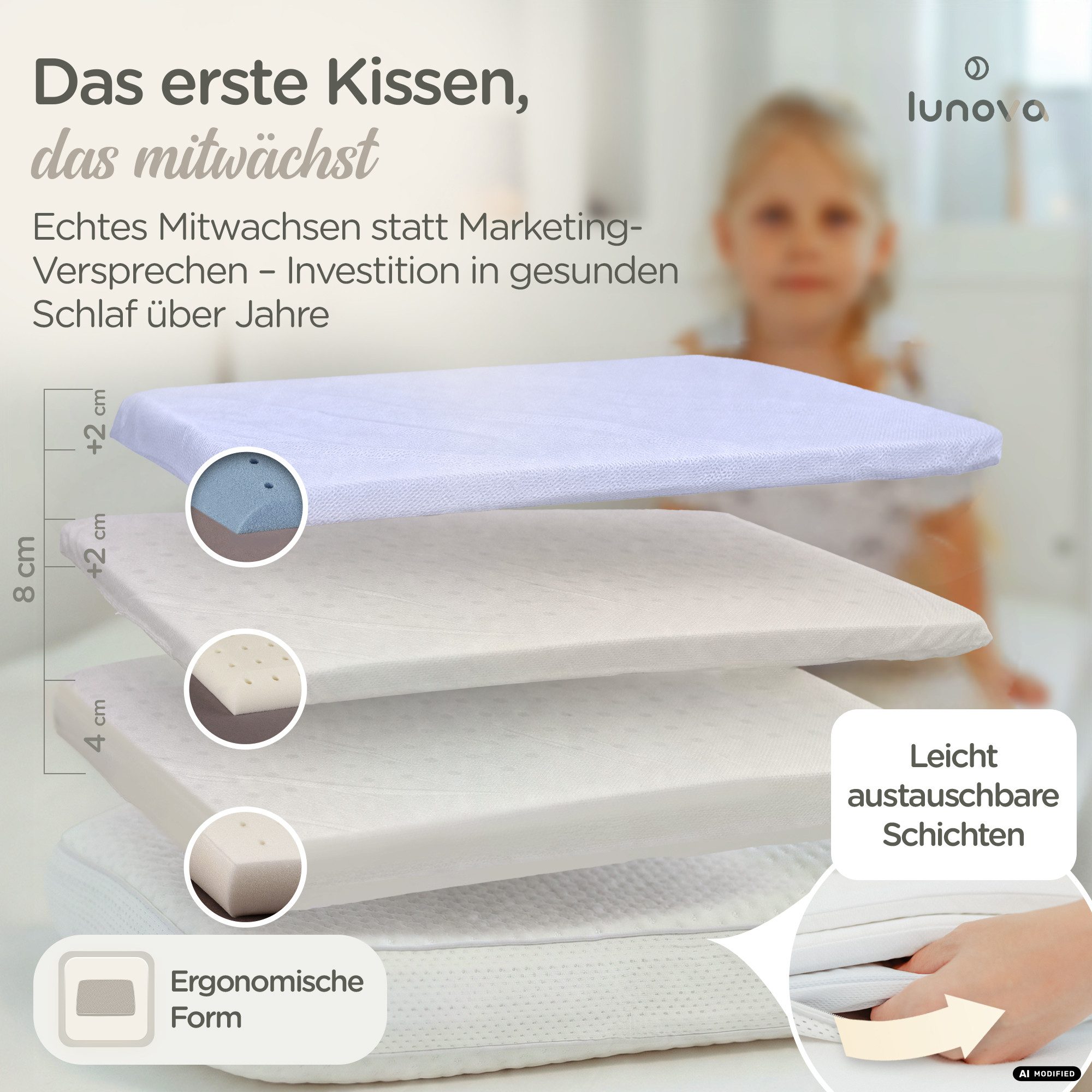 Lunova Schlafkissen DreamLayer Kinderkissen, Füllung: Memory Foam, Seitenschläfer, Rückschläfer, Höhenverstellbar, Temperaturregulierend, 2 Härtegrade – Bild 2 von 5