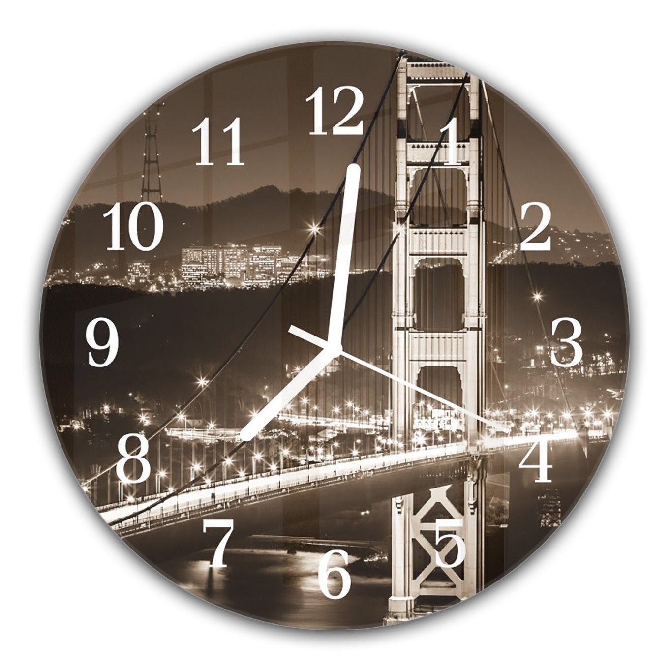 Kalifornien Quarzuhrwerk - mit Primedeco Durchmesser cm Brücke in Wanduhr Rund aus Motiv 30 Wanduhr mit und Glas