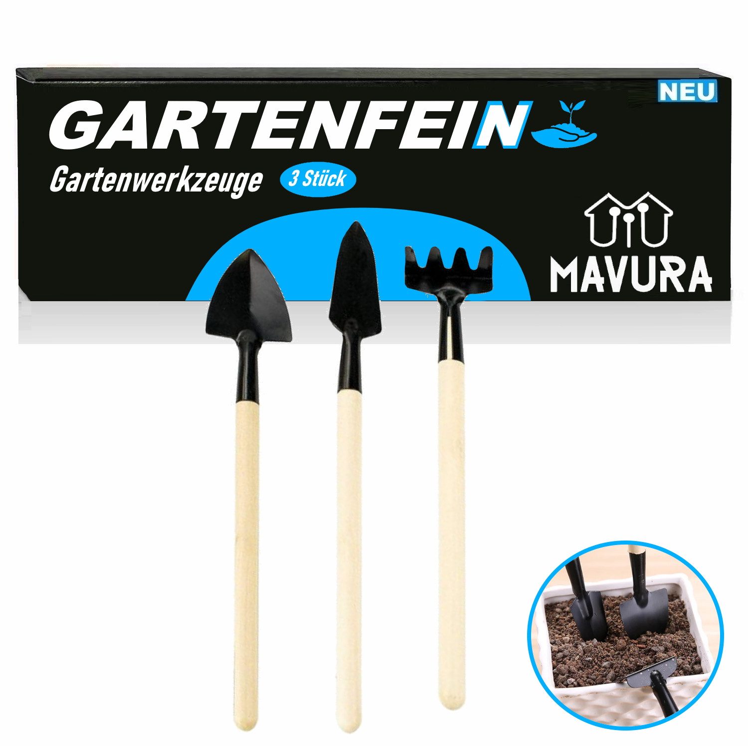 MAVURA Blumenkelle GARTENFEIN Mini Gartenwerkzeuge Schaufel Rechen Pflanzenkelle Spaten, (Feldspaten Gartenspaten Spitzspaten), Minischaufel Minirechen Blumentopf [3er Set]