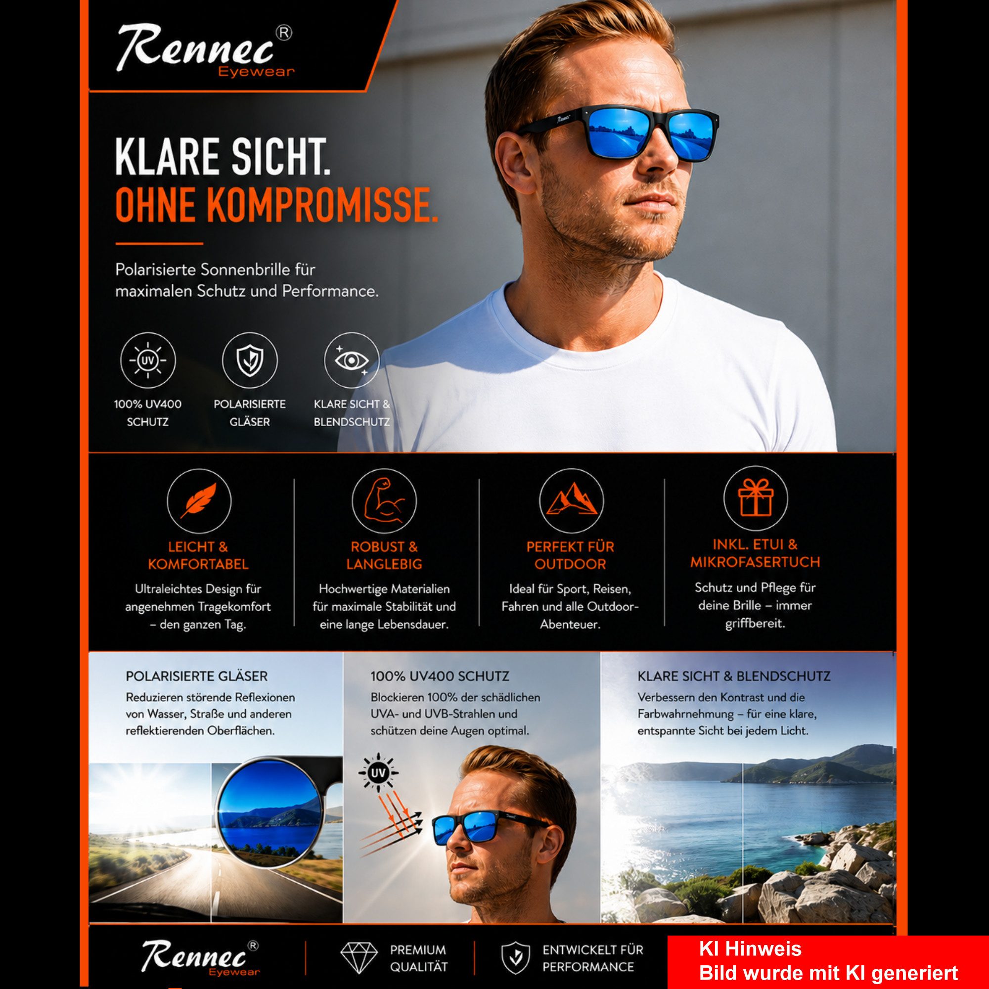 Rennec Sonnenbrille Herren Polarisiert Rechteckig Carbon Optik mit Hardcase Gläser UV400 Getönt oder Verspiegelt, Edelstahl Bügelgelenke 3in2