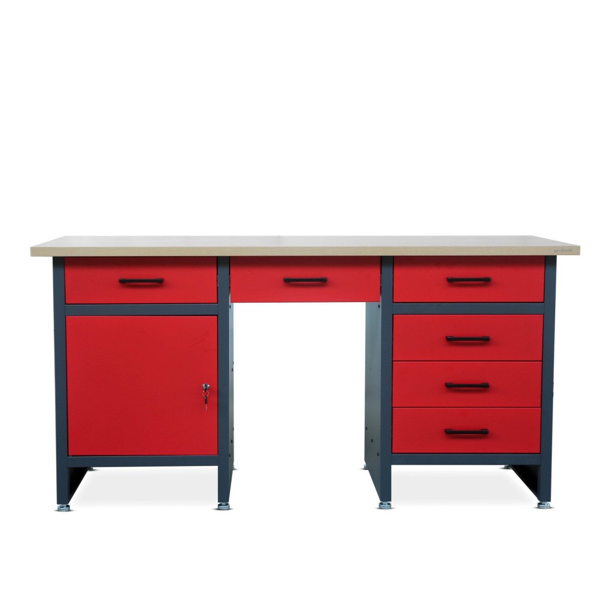 Jan Nowak Werkbank Werkstatttisch 170 cm FRANK 6 Schubladen Schrank laminierte Platte, (Stahl 0,8-1,0 mm 85 x 170 x 60 cm verstellbare Füße Sitzlücke), Werktisch Stahl abschließbar 570 kg robust 3 Farben verstellbar
