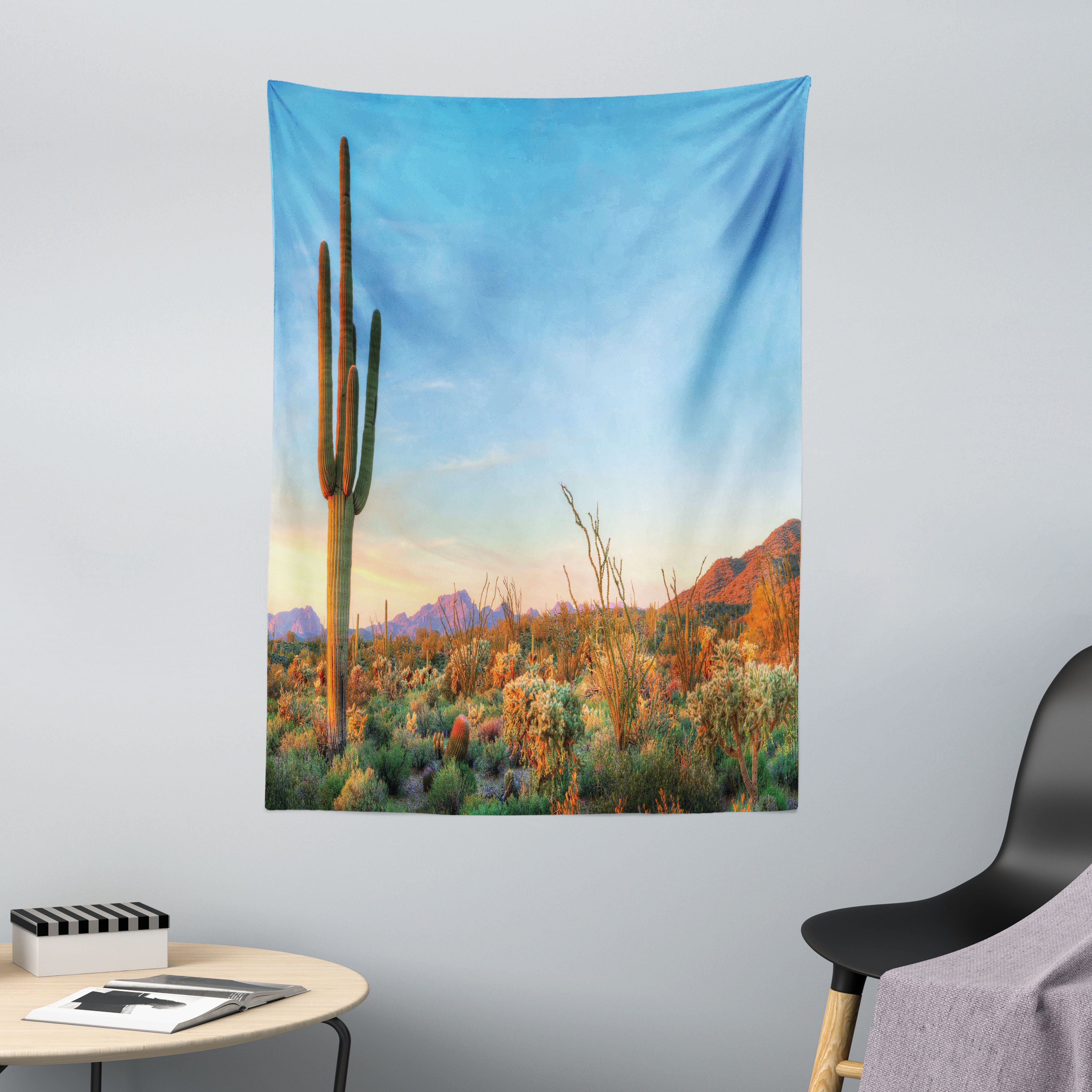 Wandteppich aus Weiches Mikrofaser Stoff Für das Wohn und Schlafzimmer, Abakuhaus, rechteckig, Foto Kaktus-Sonnenuntergang-Landschaft