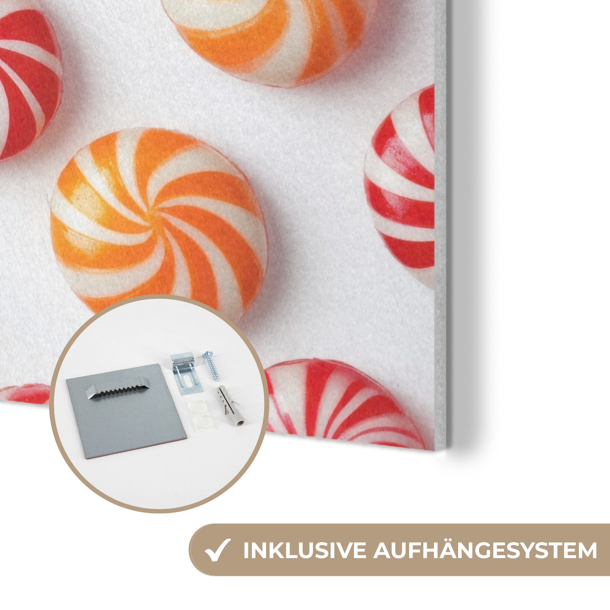 MuchoWow Gemälde Süßigkeiten - Muster - Rot - Orange, Fotodruck (1 St), Akustikpaneele PET-Filz, Akustikbild, Schalldämmung, Deko 40x30 cm