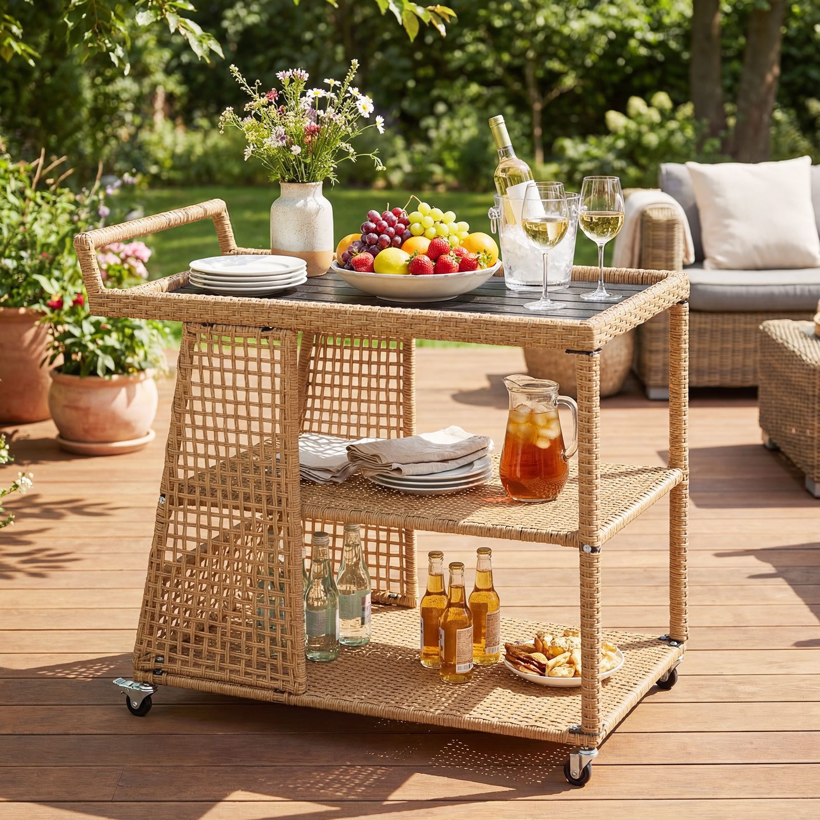 COSTWAY Grillablagetisch (1-St), Servierwagen mit Rollen, Rattan Küchenwagen