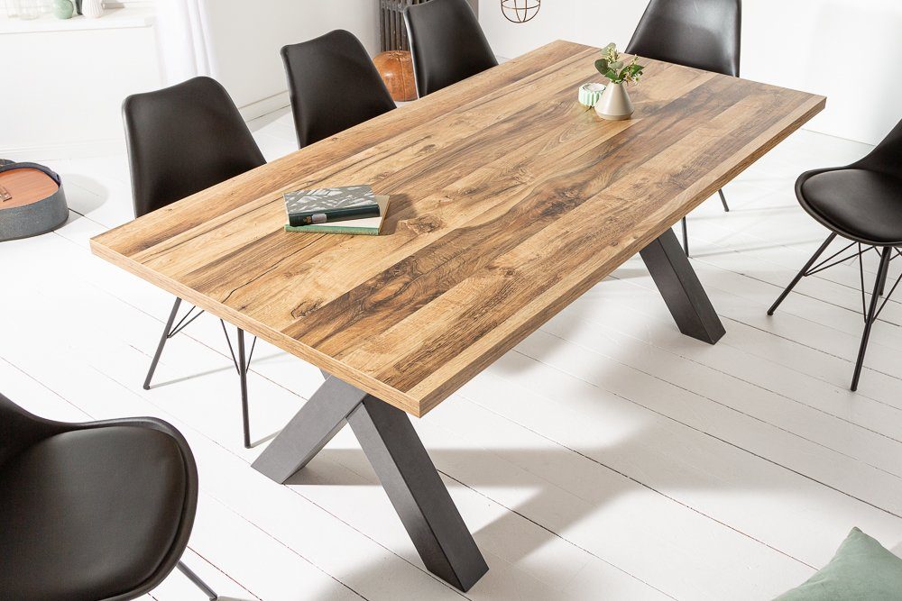 riess-ambiente MONTREAL dining table 160cm natural/black (single item, 1 pc), oak wood design · X-frame · seats up to 6 people · industrial