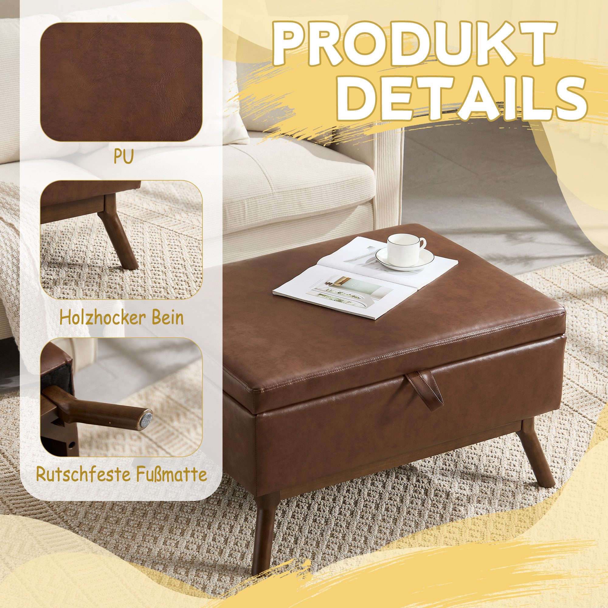 Yorbay Schuhbank Mid-Century moderne quadratische Couchtisch Ablagebank, 80x59x45cm, Couchtisch, Steigbügel, Schuhbank, Dunkelbraun
