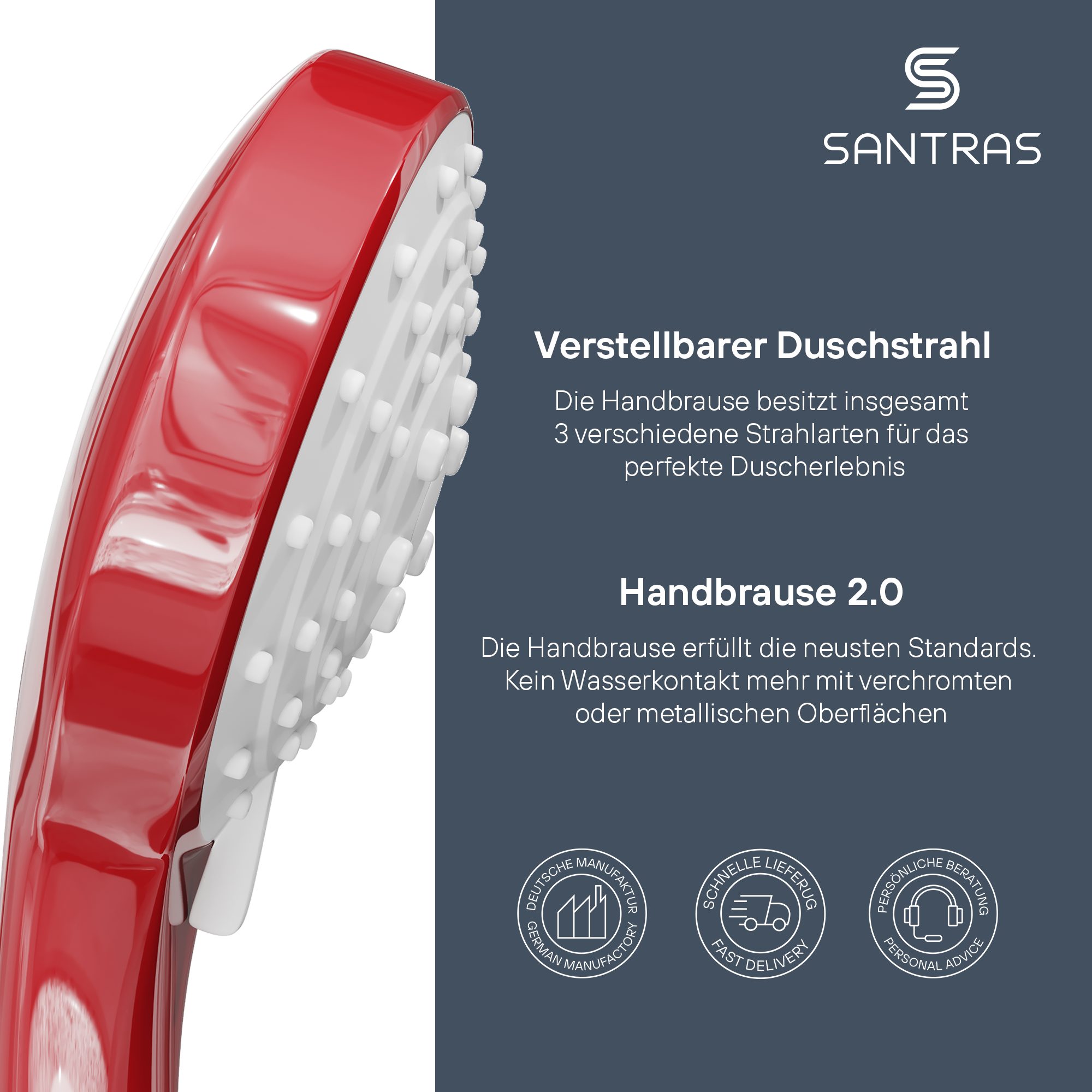Santras Handbrause in Rot (RAL 3003) - dreifach verstellbarer Duschkopf mit Wassersparer – Bild 2 von 5