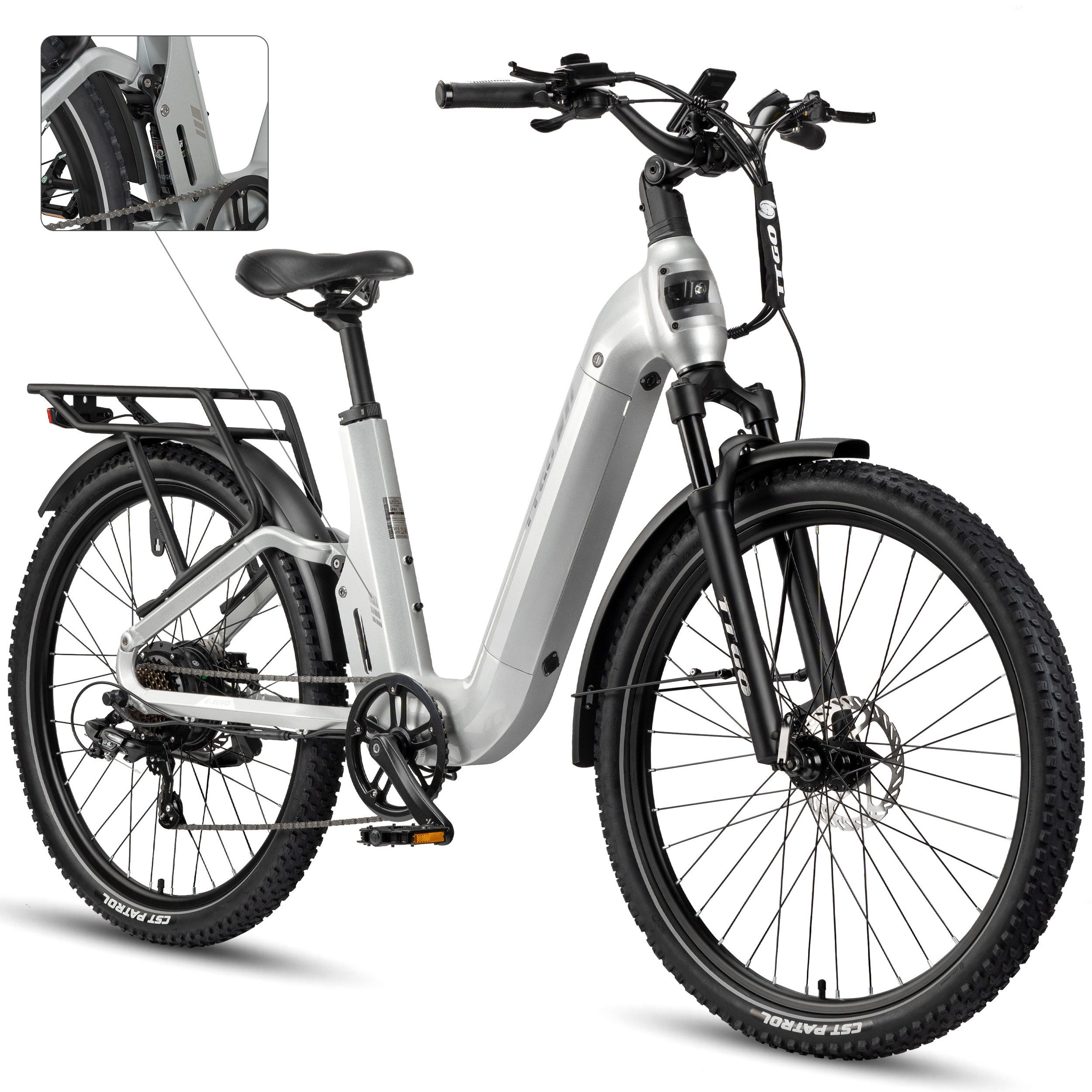 TTGO E-Bike Cityrad 28 Zoll, 70Nm, SUV, Fully, Vollfederung, 120km, mit Bremslicht, 7 Gang Shimano ARDTY300D Schaltwerk, Kettenschaltung, Heckmotor, 720 Wh, (Softtail, 5 Stufen, Farb-LCD-Display, Hydraulische Scheibenbremsen), Drehmomentsensor, Aluminiumrahmen, Elektrofahrrad für Damen und Herren